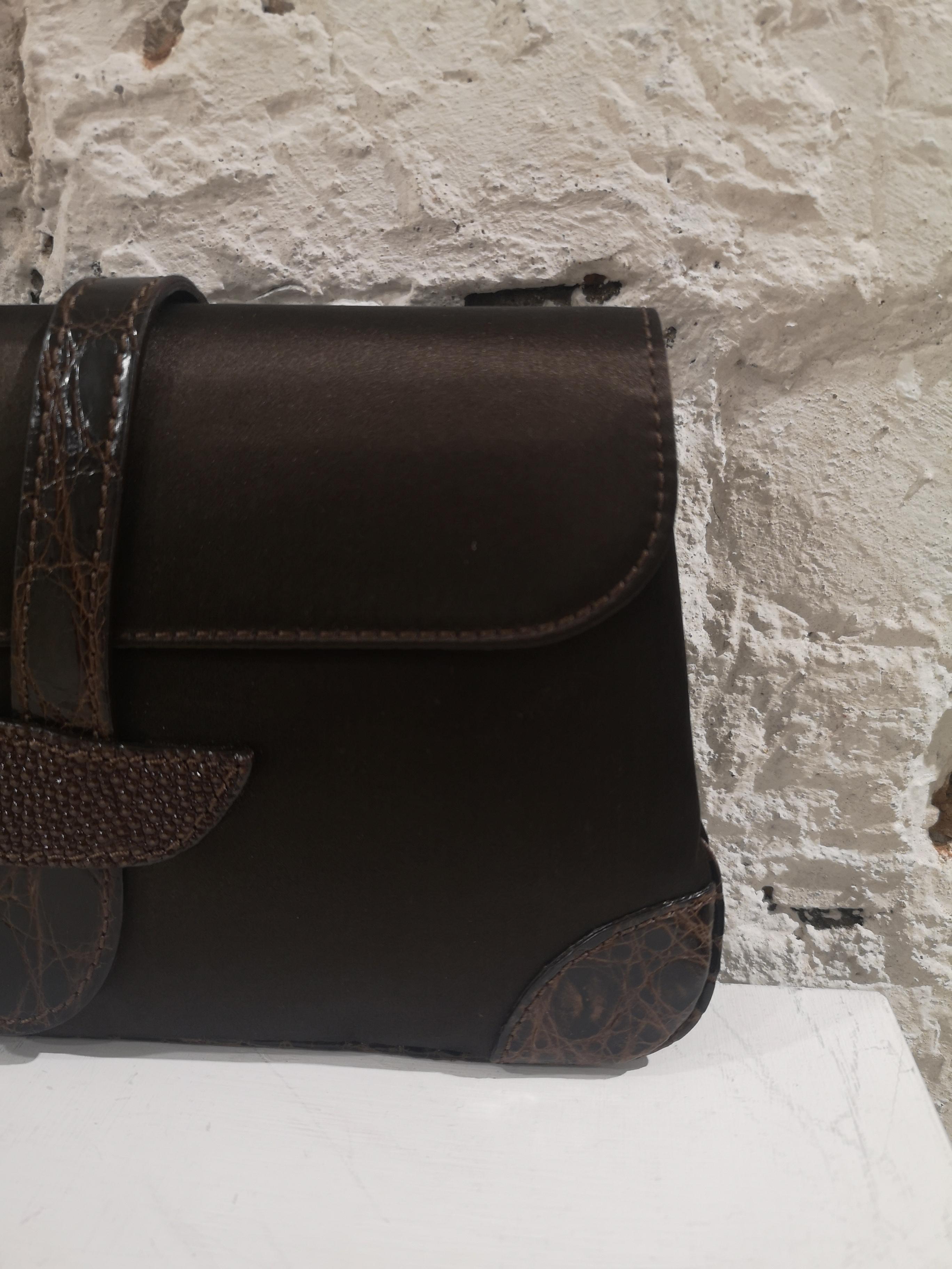Dotti brown satin and croco print leather clutch  2