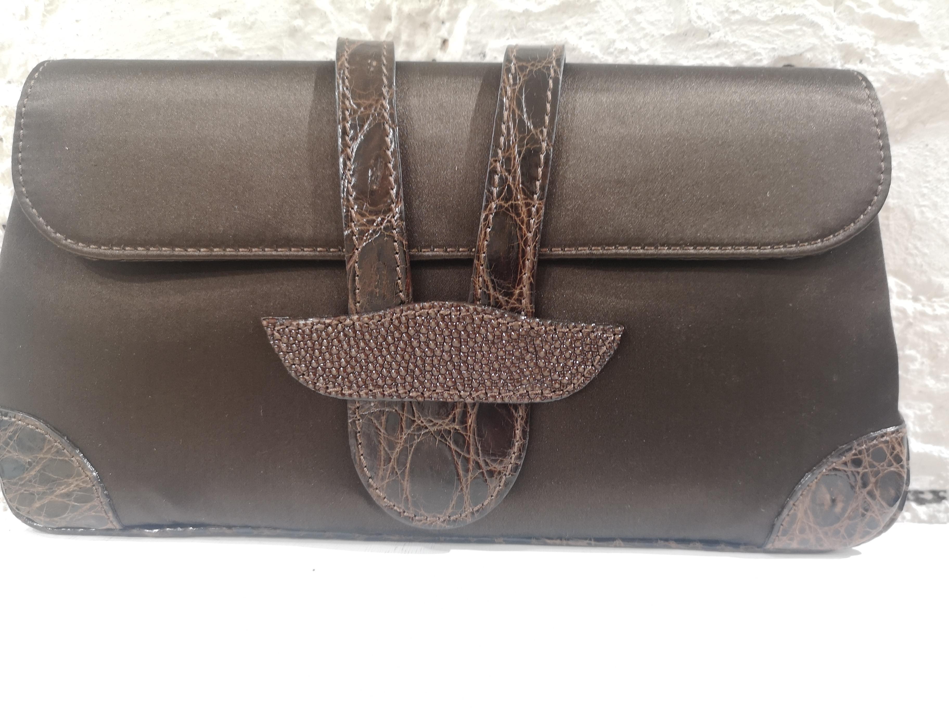 Dotti brown satin and croco print leather clutch  4