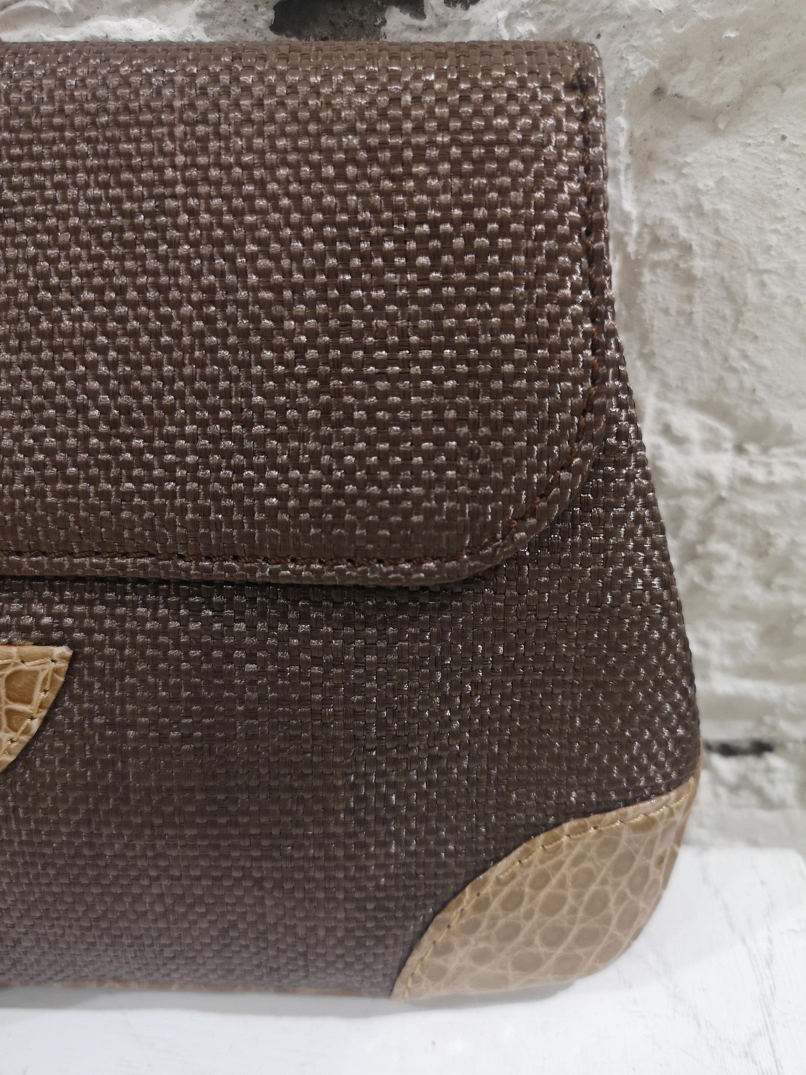 Dotti brown textile and croco print leather clutch  In Excellent Condition In Capri, IT