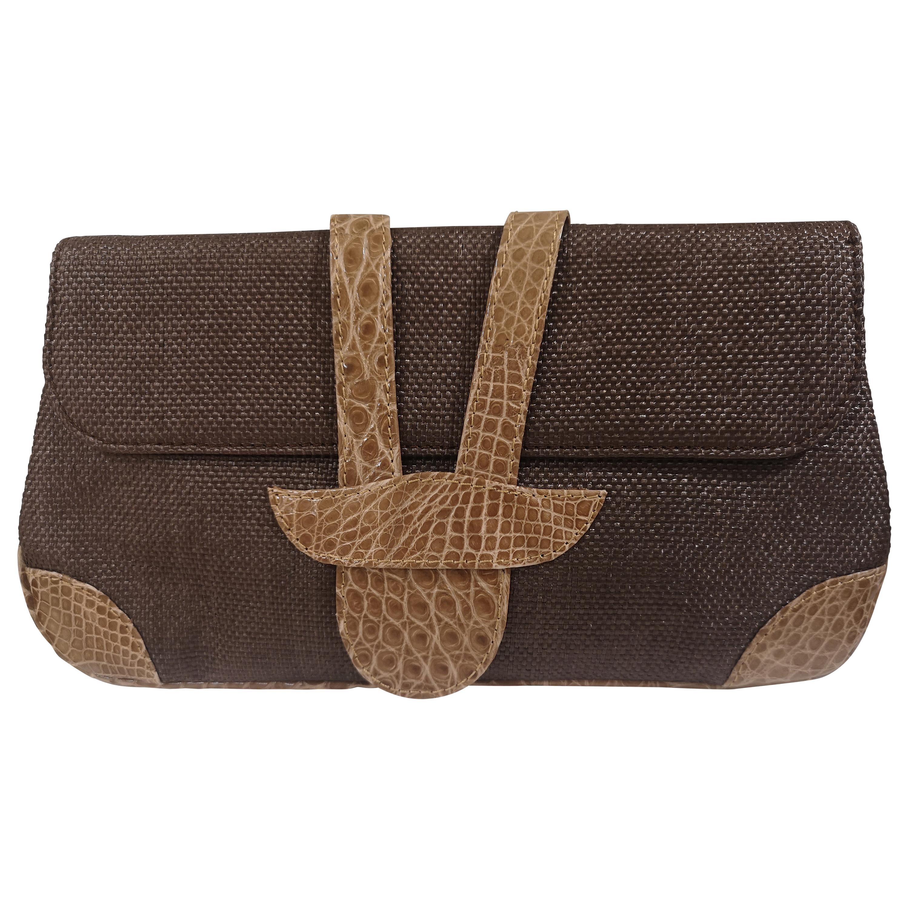 Dotti brown textile and croco print leather clutch 