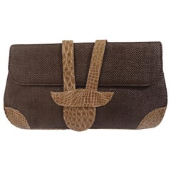 Dotti brown textile and croco print leather clutch 