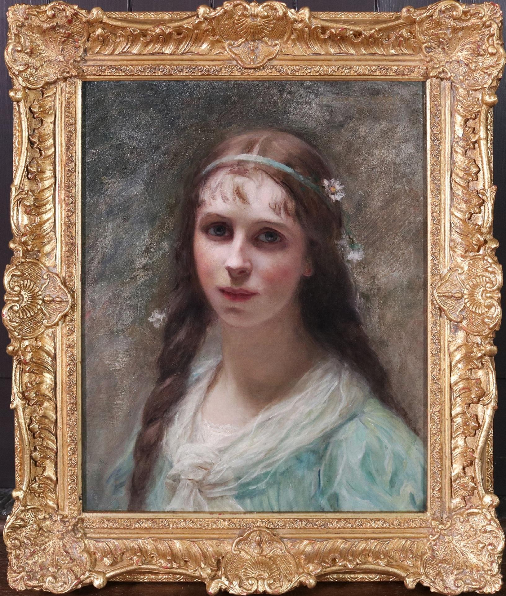 Couronne de Marguerite - French Belle Epoque Portrait Oil Painting of Paris Girl - Brown Portrait Painting by Édouard-Louis-Lucien Cabane