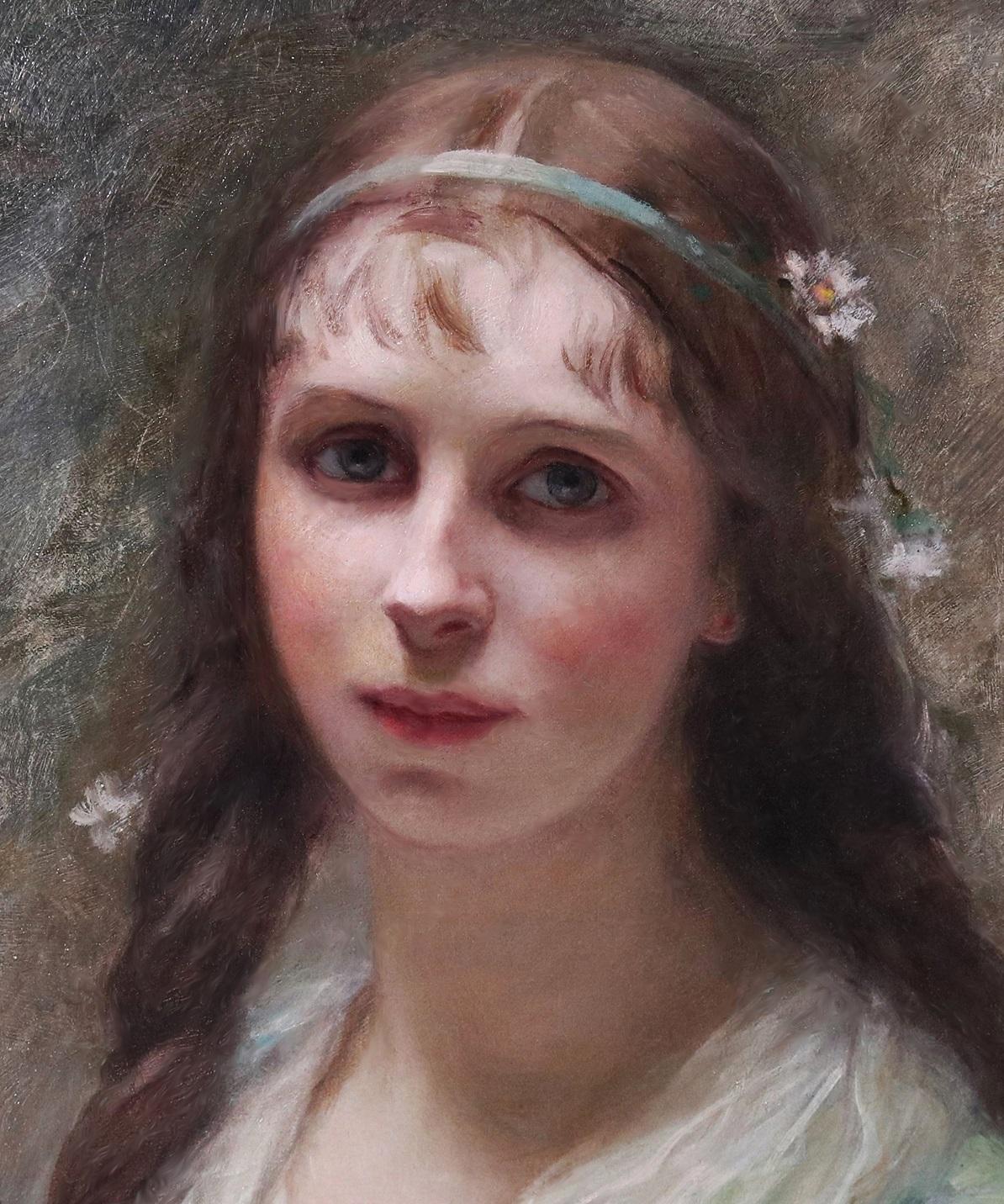 La Couronne de Marguerite' par Édouard-Louis-Lucien Cabane (1857-1942). 

Le tableau - qui représente une jeune beauté française portant une couronne de marguerites - est signé par l'artiste et daté de 1915. Elle est suspendue dans un cadre en métal