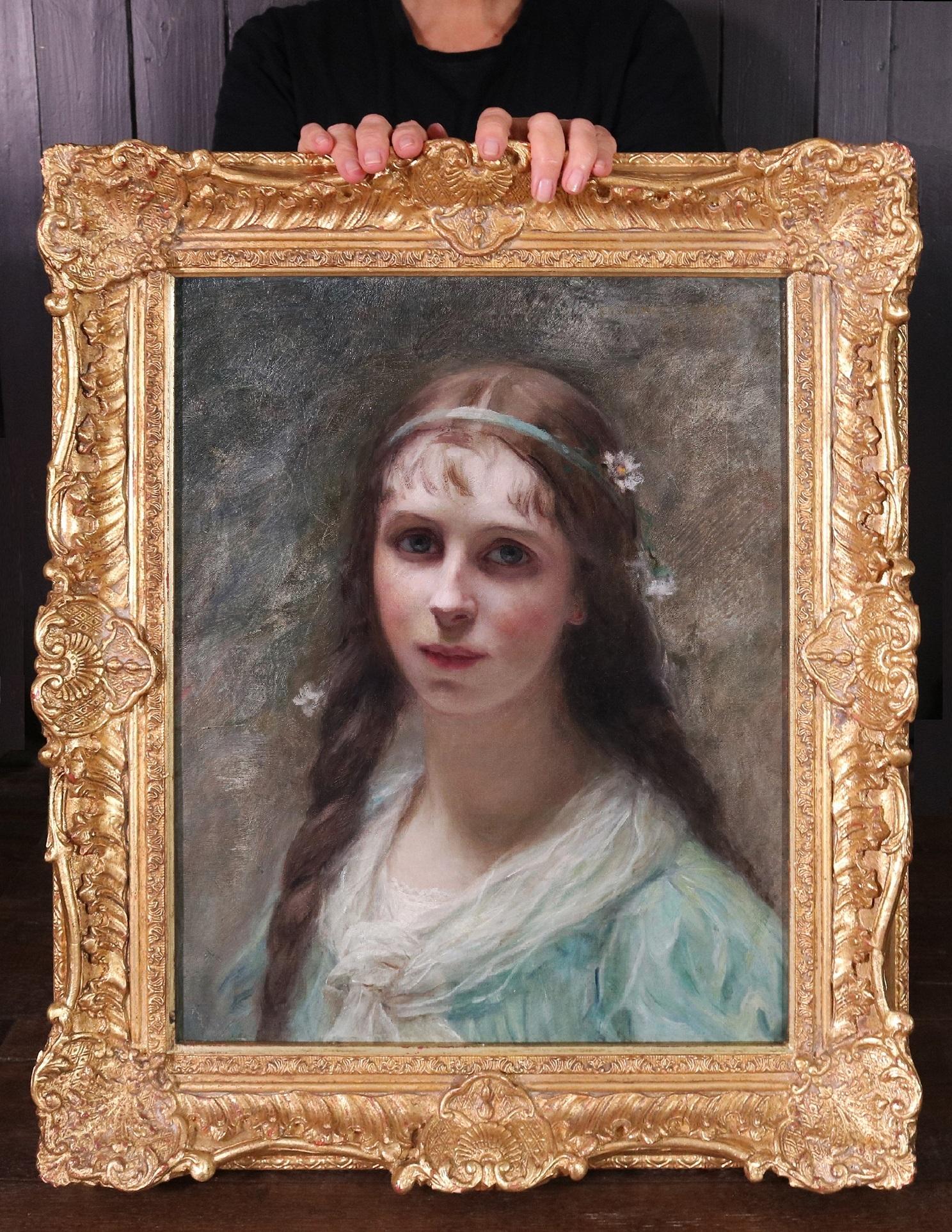 Édouard-Louis-Lucien Cabane Portrait Painting – Couronne de Marguerite - Französisches Belle Epoque Portrait Ölgemälde von Pariser Mädchen