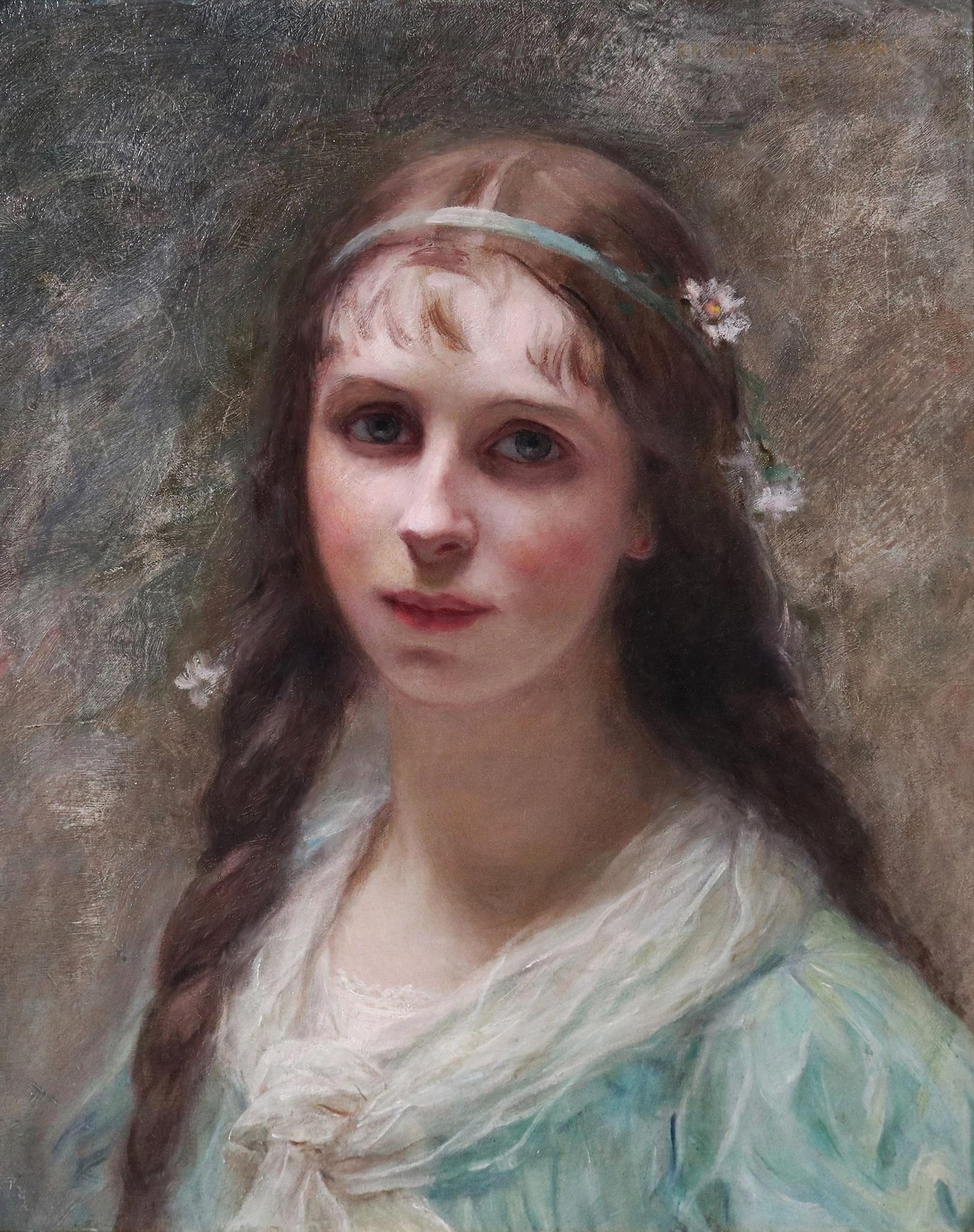 La corona de margaritas - Pintura al óleo French Belle Epoque Retrato de una florista de París - Painting de Édouard-Louis-Lucien Cabane