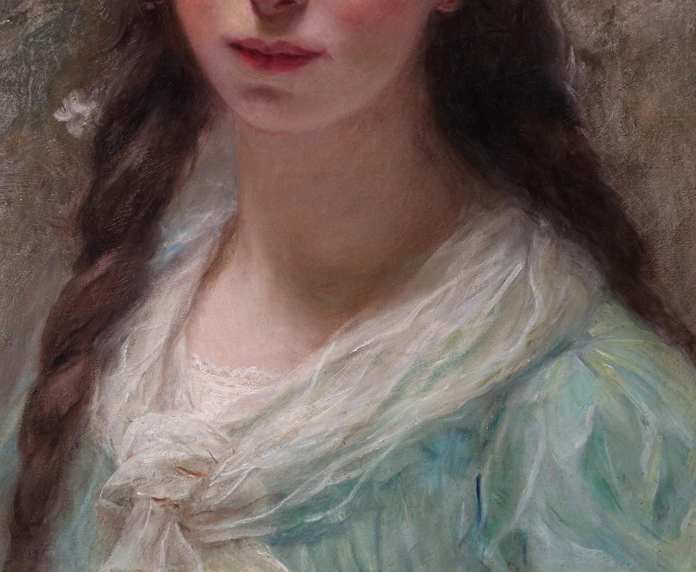 La corona de margaritas - Pintura al óleo French Belle Epoque Retrato de una florista de París - Figurative Painting Marrón de Édouard-Louis-Lucien Cabane
