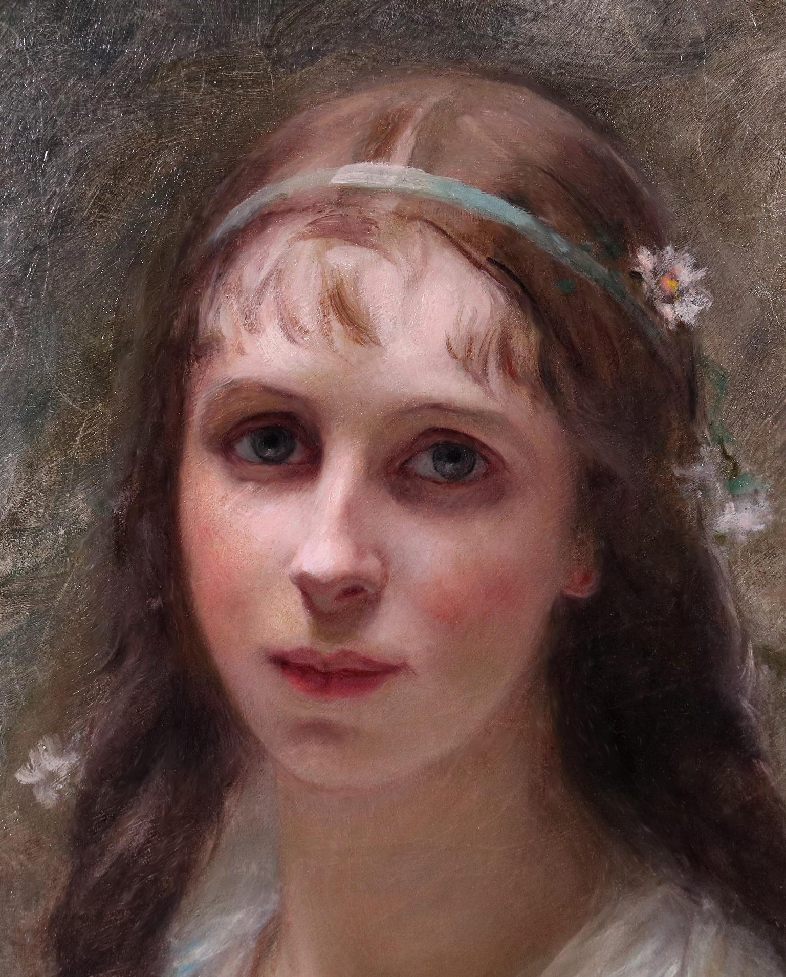 La corona de margaritas - Pintura al óleo French Belle Epoque Retrato de una florista de París 2