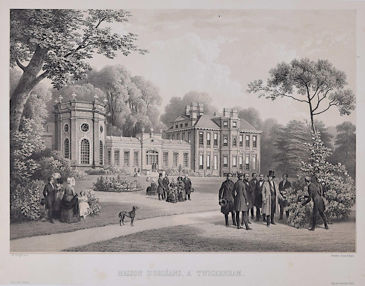 Édouard Pinguet Landscape Print – Lithographie 1846 von douart Pinguet, Maison d'Orleans, Twickenham