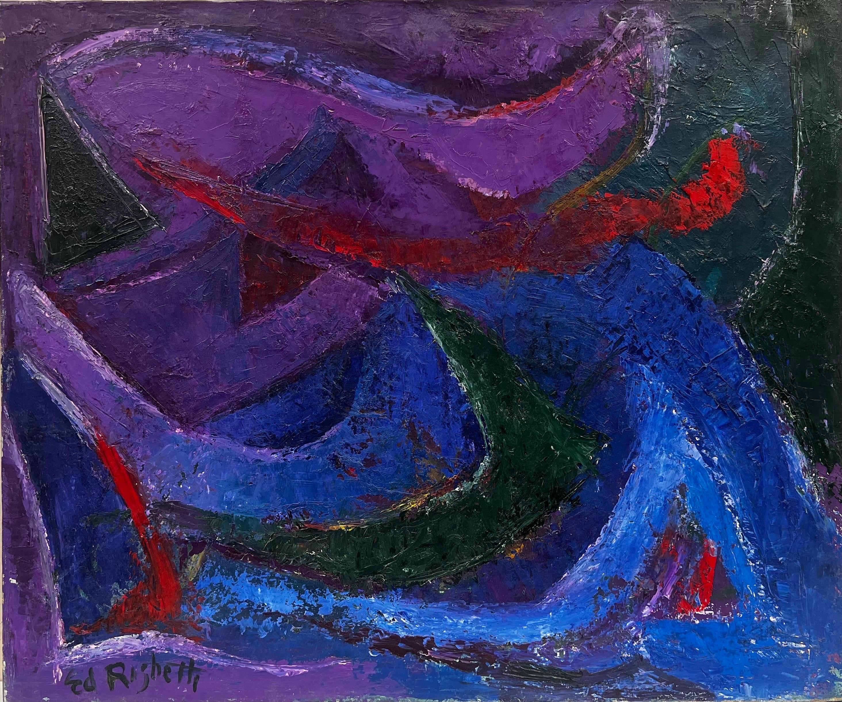 Magnifiques couleurs et compositions violettes abstraites et brillantes, France, années 1960 - Painting de Édouard Righetti (1924-2001)