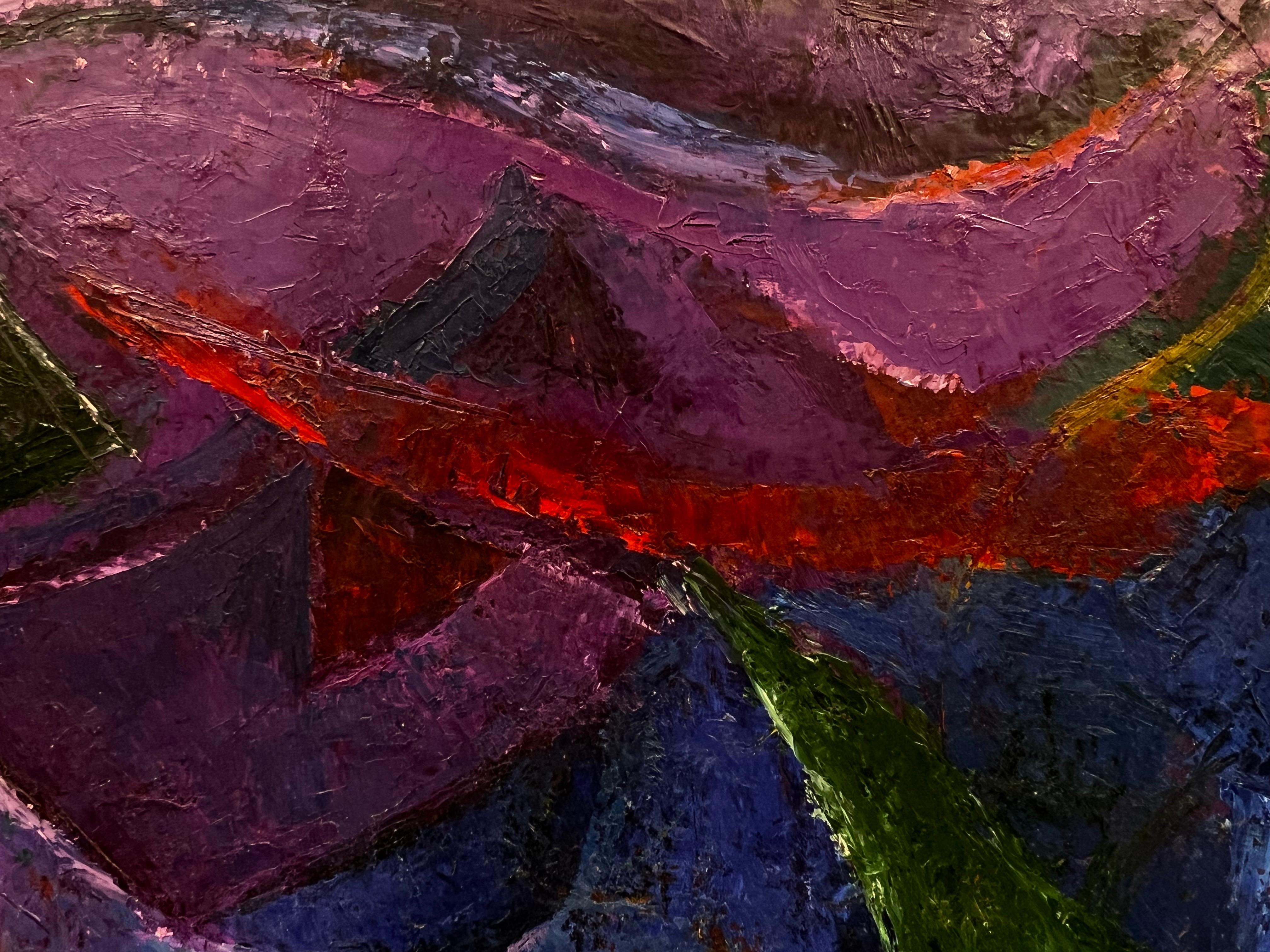 Magnifiques couleurs et compositions violettes abstraites et brillantes, France, années 1960 - Post-impressionnisme Painting par Édouard Righetti (1924-2001)