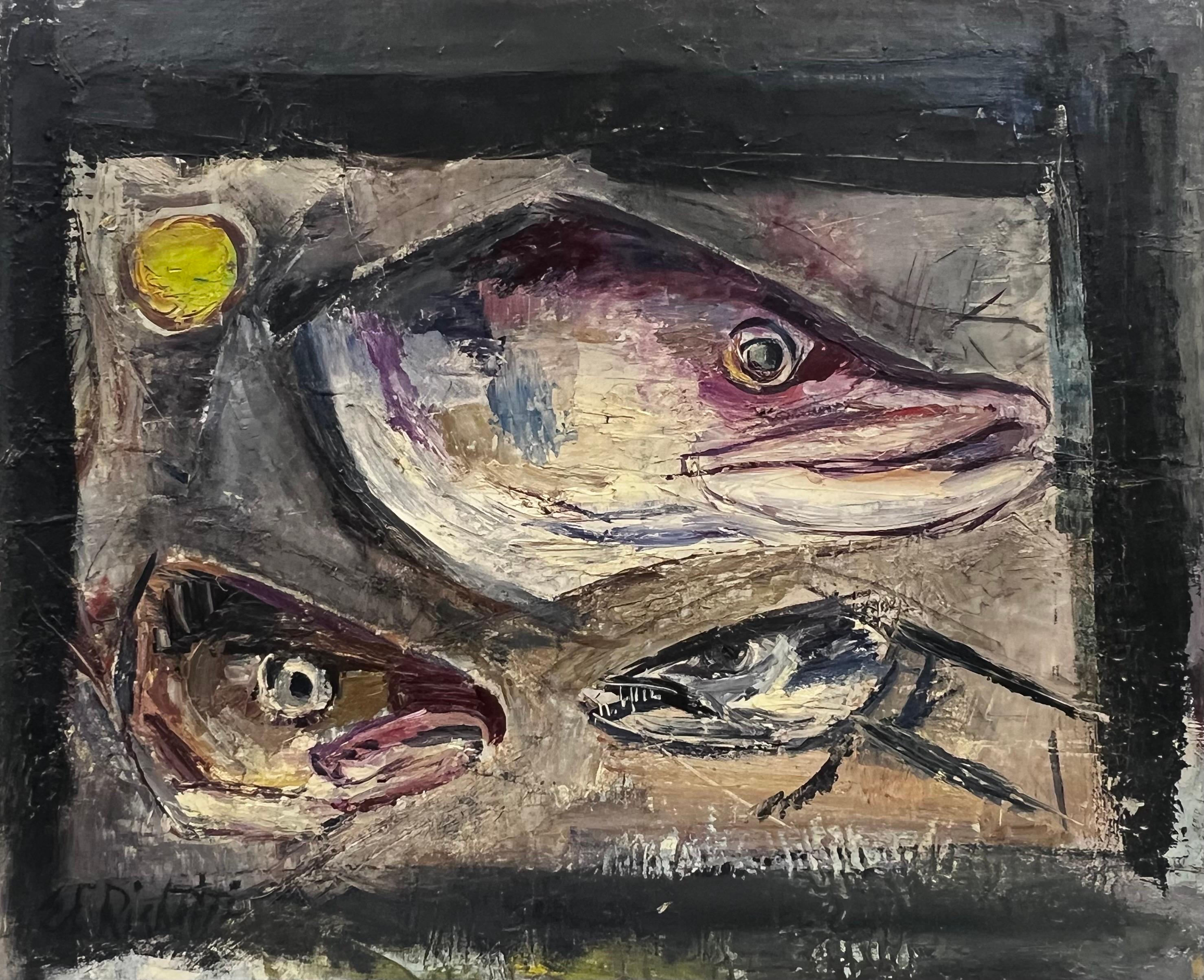 Édouard Righetti (1924-2001) Interior Painting - 1960s French Interior Still Life - Fish Heads - Ideal for Fish Bistro interior?!