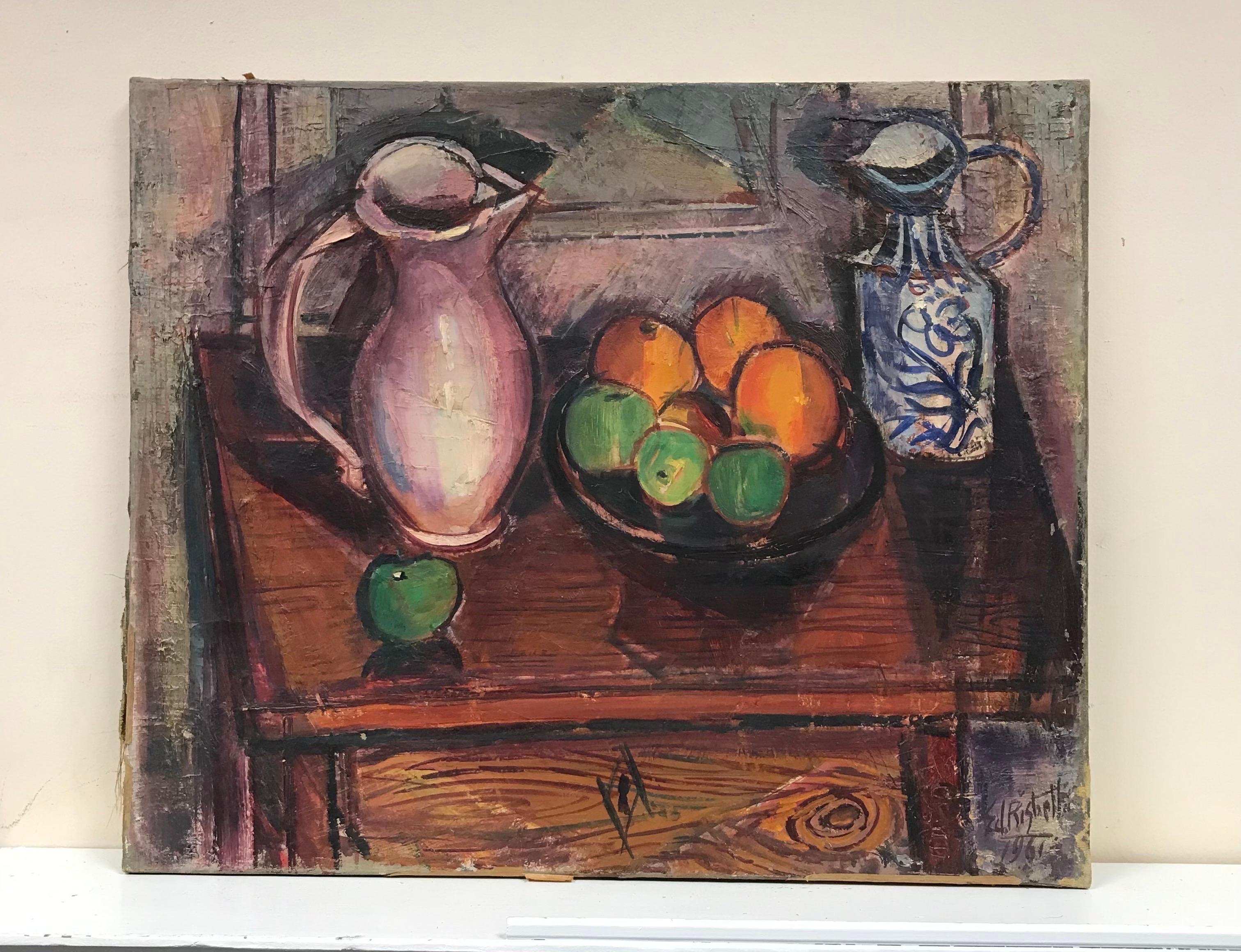 Nature morte d'intérieur française des années 1960 représentant des fruits orange, huile post-impressionniste signée - Painting de Édouard Righetti (1924-2001)