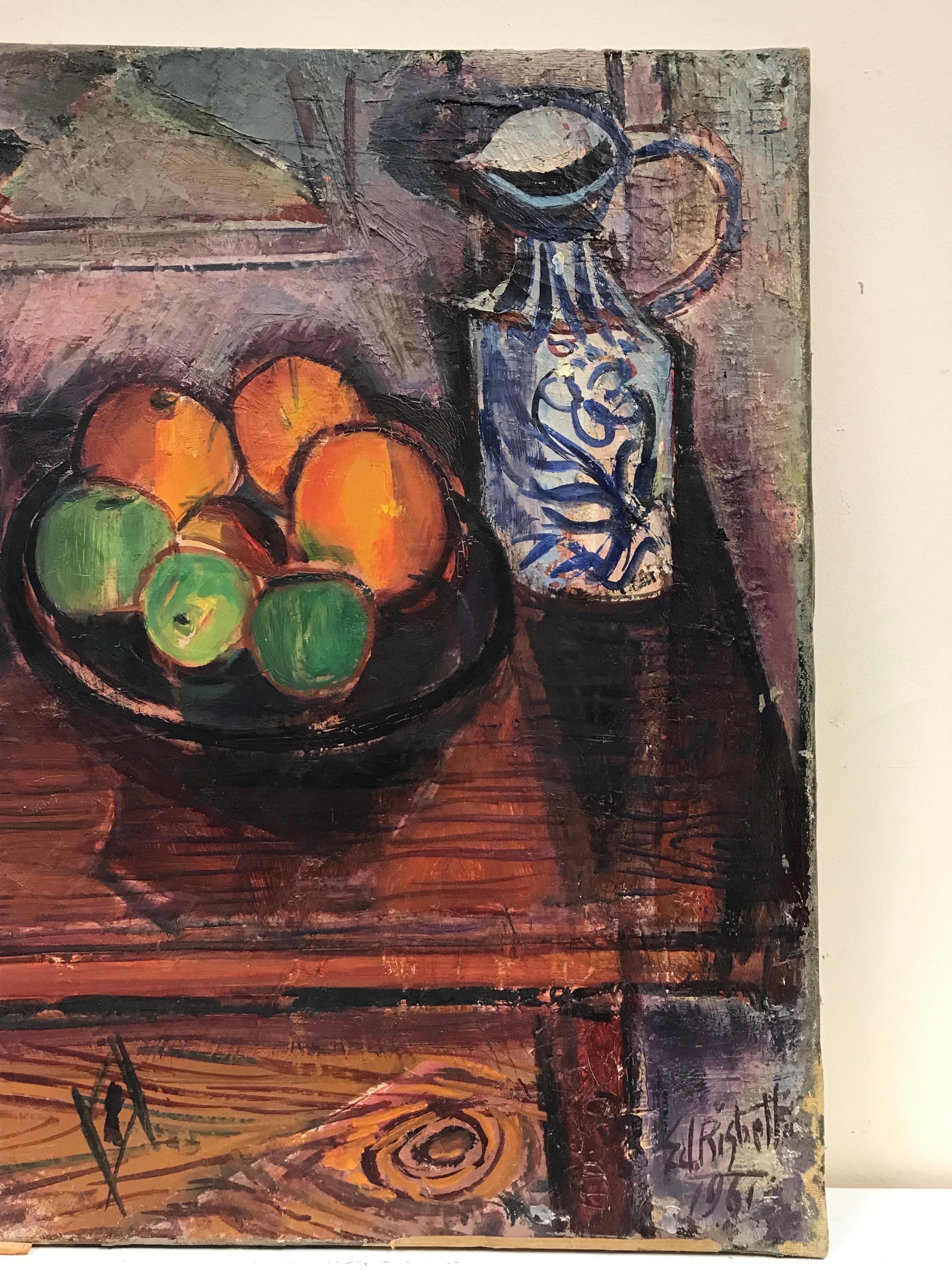 Nature morte d'intérieur française des années 1960 représentant des fruits orange, huile post-impressionniste signée - Post-impressionnisme Painting par Édouard Righetti (1924-2001)