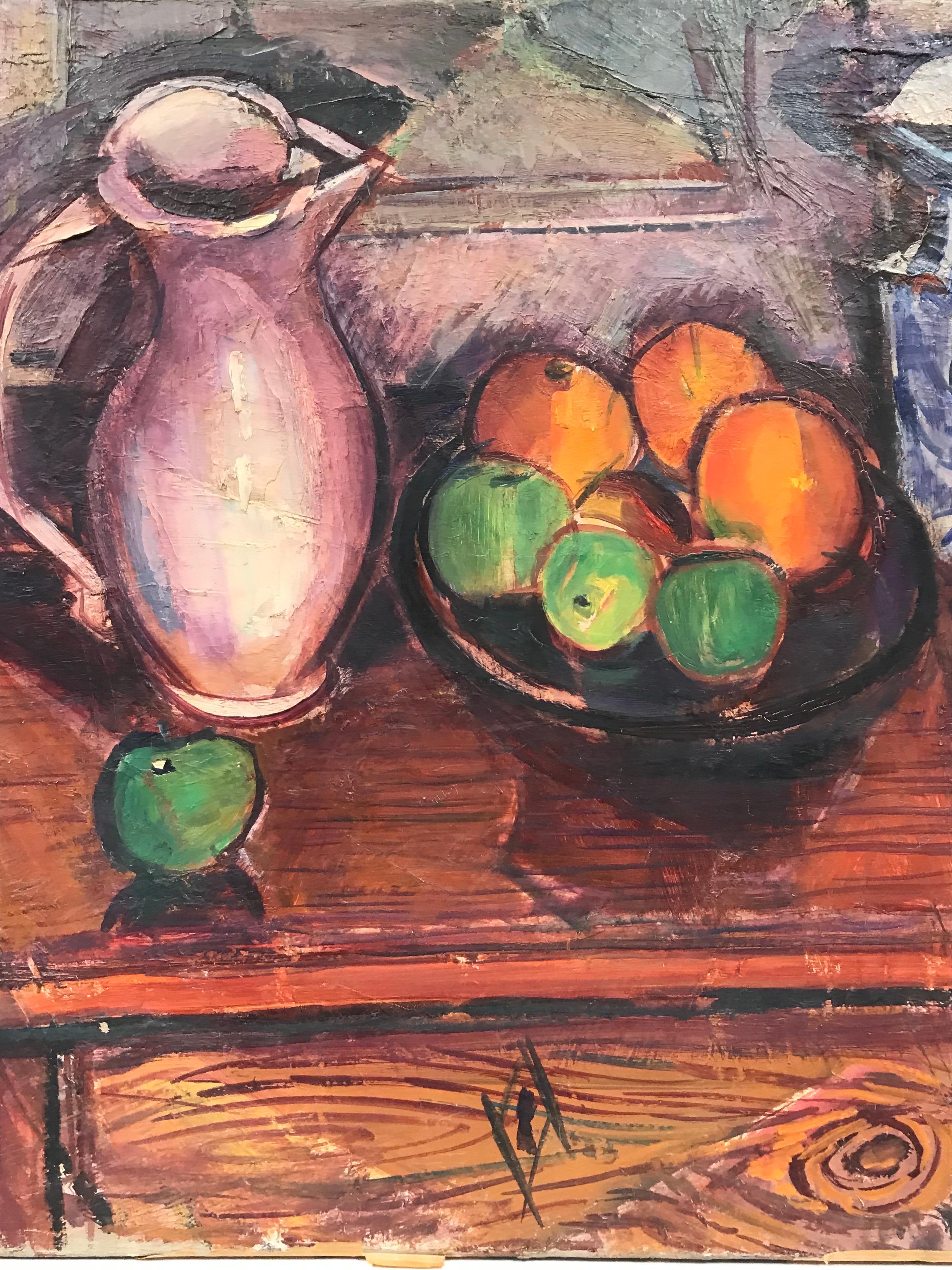Nature morte d'intérieur française des années 1960 représentant des fruits orange, huile post-impressionniste signée - Marron Still-Life Painting par Édouard Righetti (1924-2001)