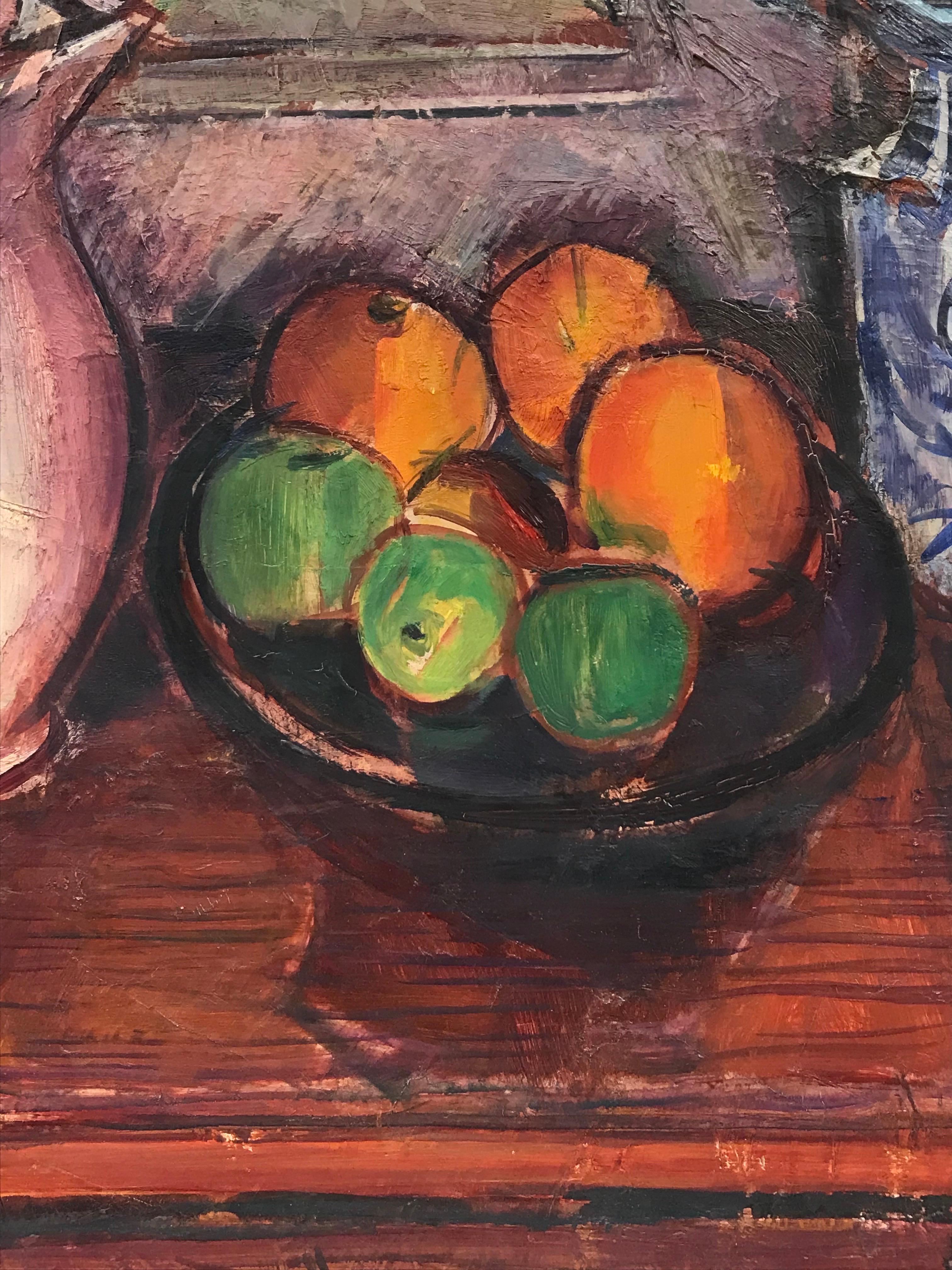 Nature morte d'intérieur française des années 1960 représentant des fruits orange, huile post-impressionniste signée 2
