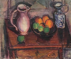 Nature morte d'intérieur française des années 1960 représentant des fruits orange, huile post-impressionniste signée