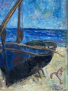 1960's French Post-Impressionist Large Oil -Fishing Boat on Beach Alicante Spain