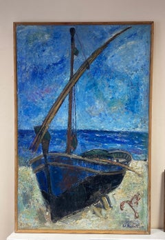 1960's French Post-Impressionist Large Oil -Fishing Boat on Beach Alicante Spain