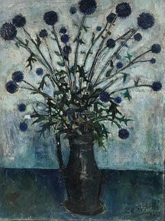 1960's French Post-Impressionist Large Oil Still Life Green Blue Flowers 