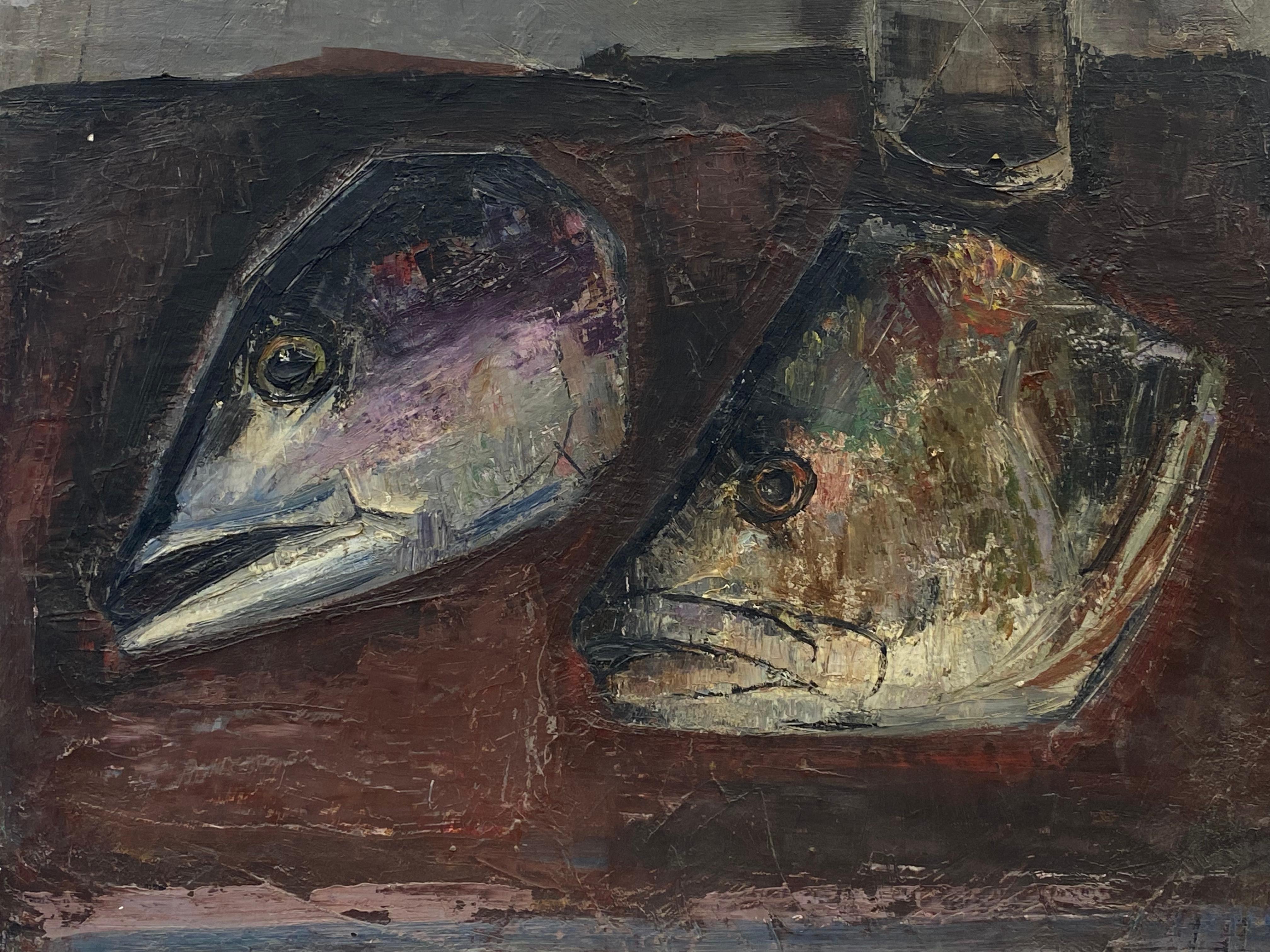 1960's French Post-Impressionist Oil - Fish Heads on Chefs Kitchen Table - Painting by Édouard Righetti (1924-2001)
