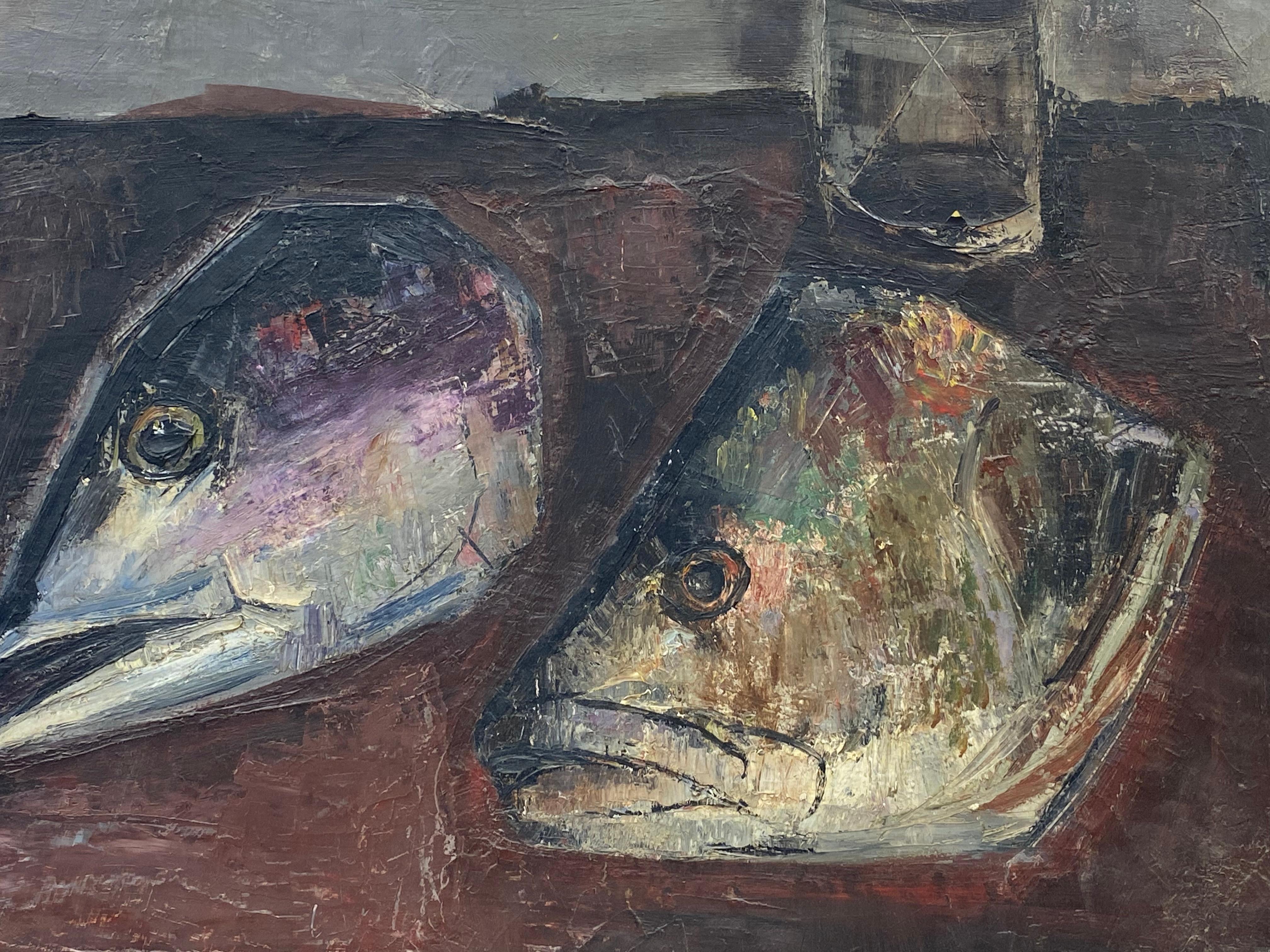 Fish Supper
by Édouard Righetti (1924-2001)

Signed lower front and back, 1960's period

oil painting on canvas, beautifully painted with rick thick impasto oil depicting this interior scene of a kitchen table with fish heads. 
very good