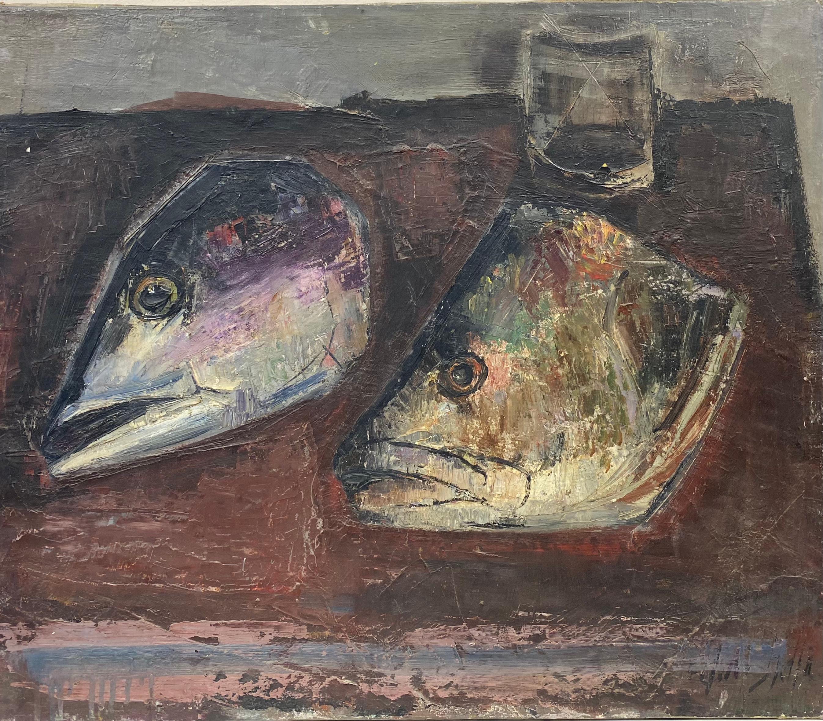 1960's French Post-Impressionist Oil - Fish Heads on Chefs Kitchen Table