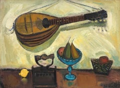 1960's French Post-Impressionist Oil - Interior Scene With Guitar And Fruit