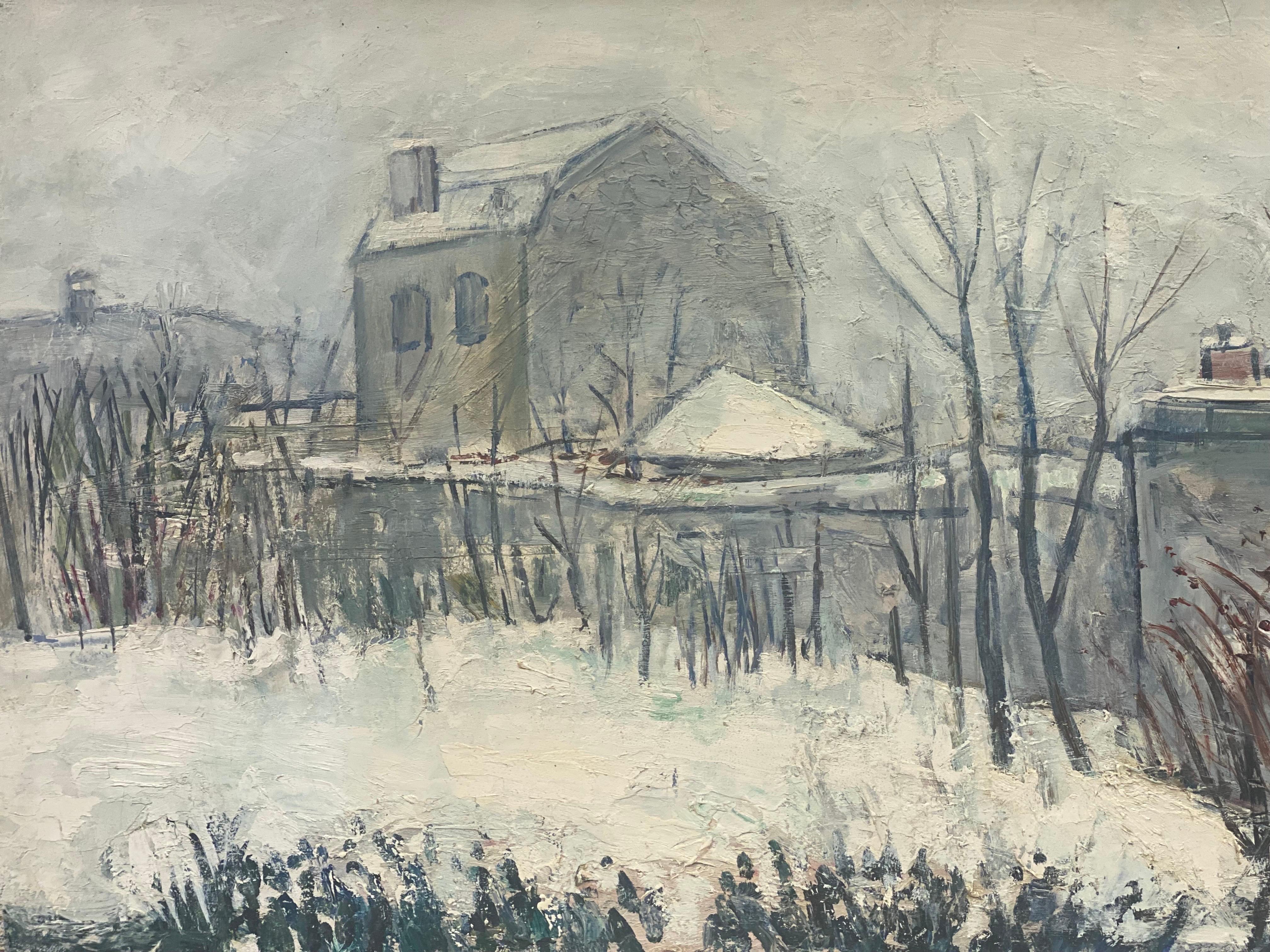 Huile post-impressionniste française des années 1960 - Paysage français d'hiver à Sannois, Paris - Painting de Édouard Righetti (1924-2001)