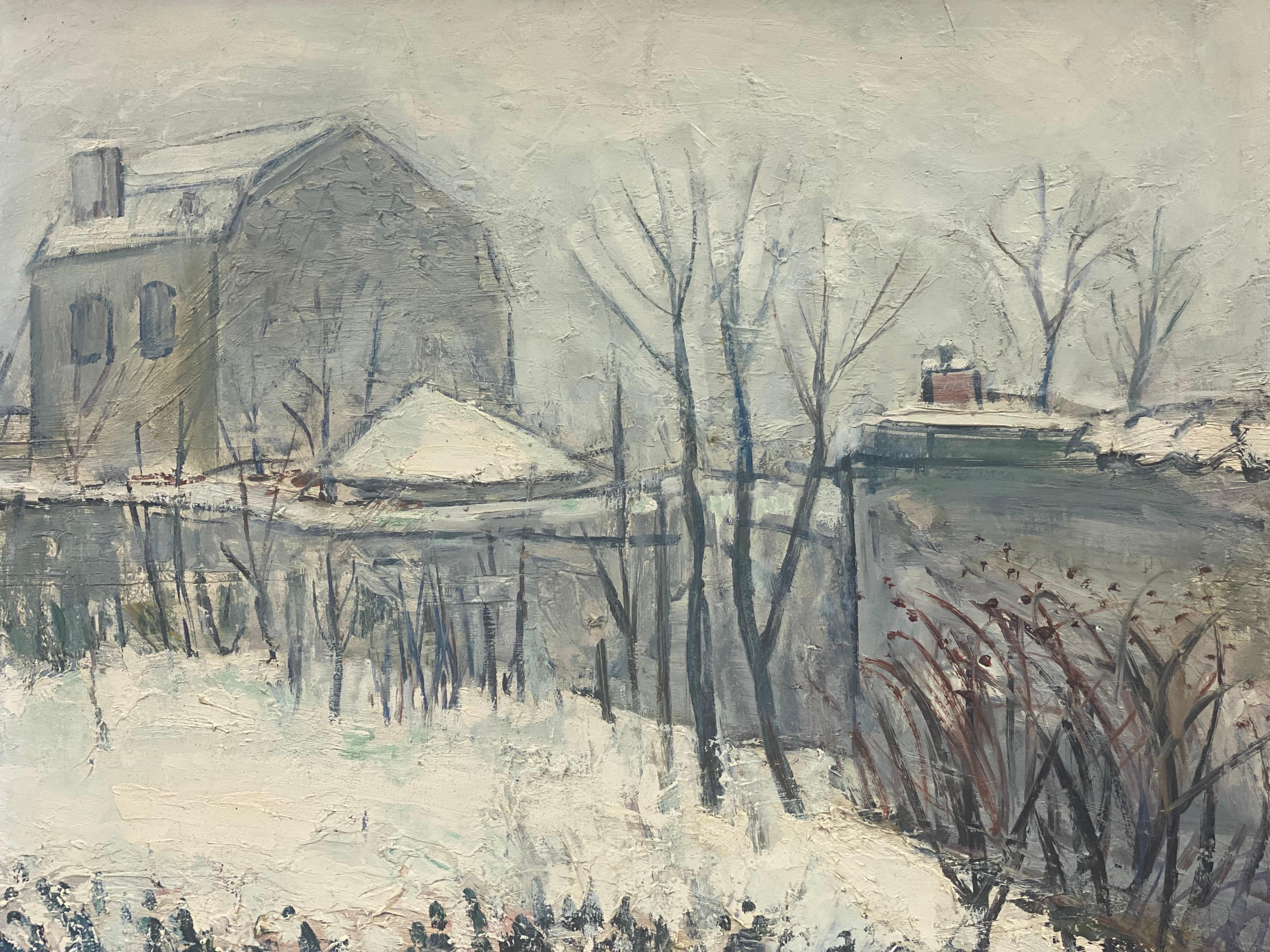 Huile post-impressionniste française des années 1960 - Paysage français d'hiver à Sannois, Paris - Post-impressionnisme Painting par Édouard Righetti (1924-2001)