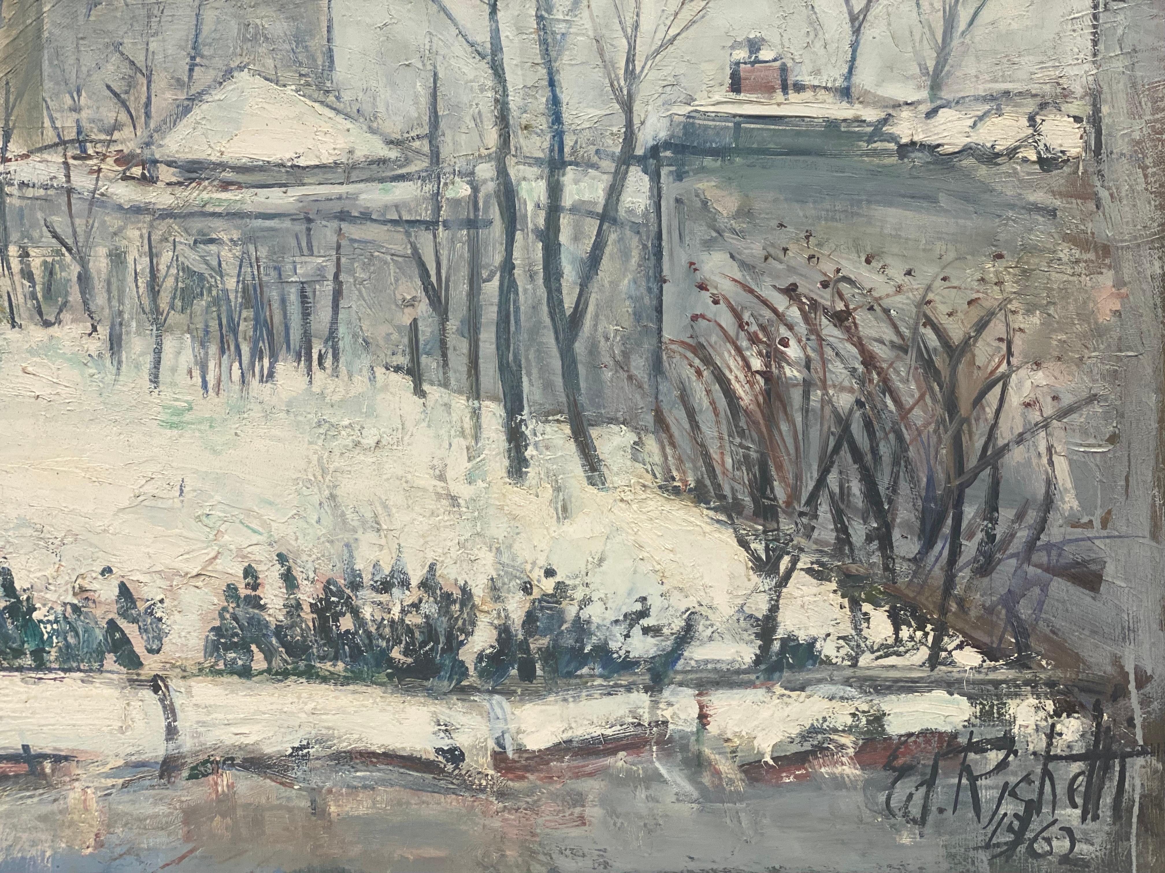 Huile post-impressionniste française des années 1960 - Paysage français d'hiver à Sannois, Paris - Gris Landscape Painting par Édouard Righetti (1924-2001)