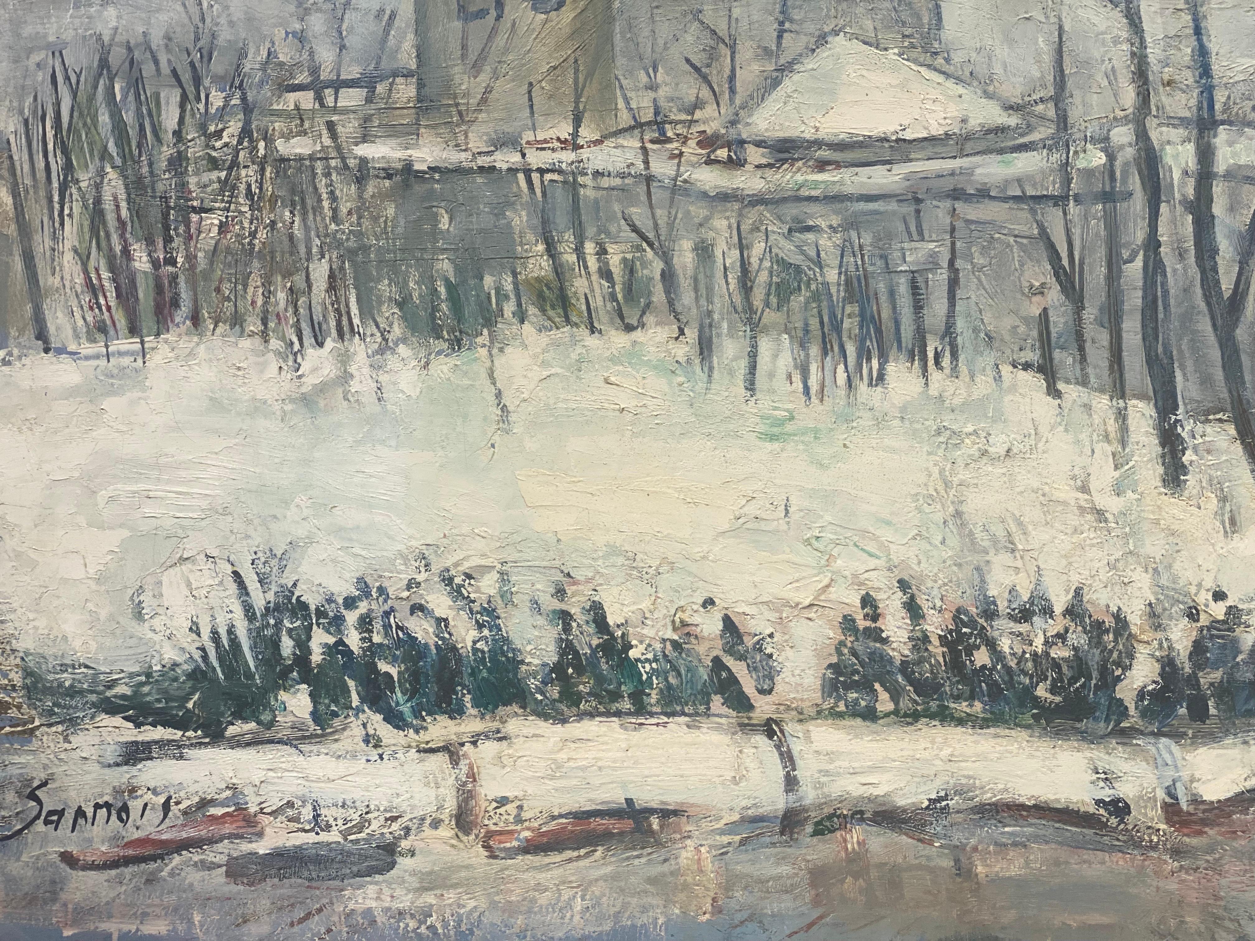 Sannois (banlieue de Paris) en hiver
par Édouard Righetti (1924-2001)

Signé en bas du recto et du verso, période des années 1960

peinture à l'huile sur toile, magnifiquement peinte avec de l'huile rick thick impasto représentant cette vue