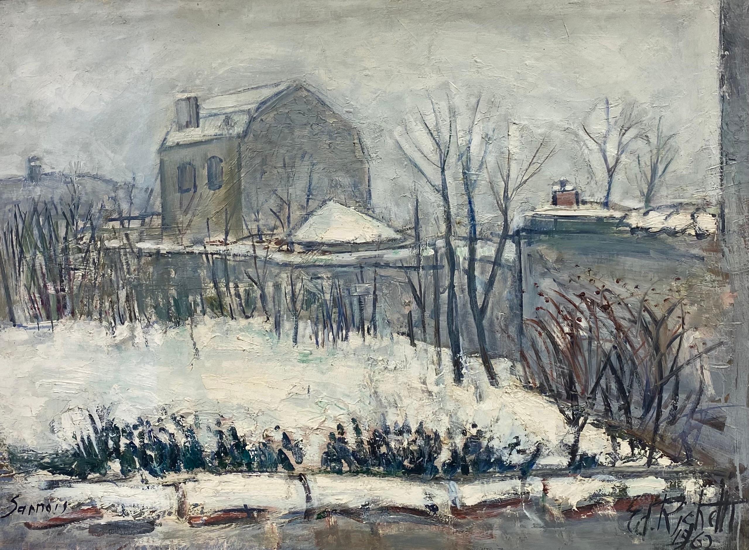 Landscape Painting Édouard Righetti (1924-2001) - Huile post-impressionniste française des années 1960 - Paysage français d'hiver à Sannois, Paris