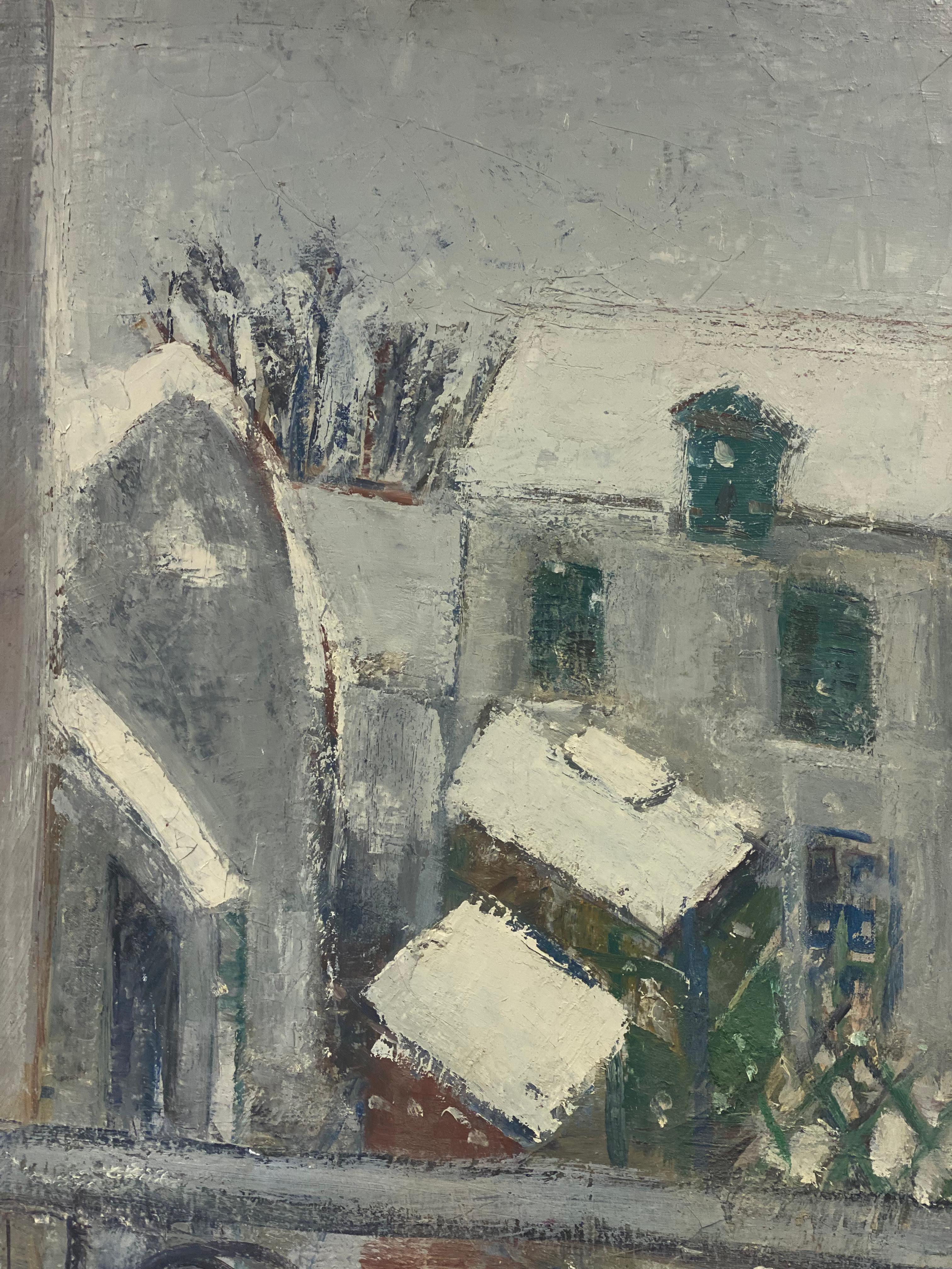 Huile post-impressionniste française des années 1960 - Vue d'hiver de Paris dans la rue de Neuilly - Painting de Édouard Righetti (1924-2001)
