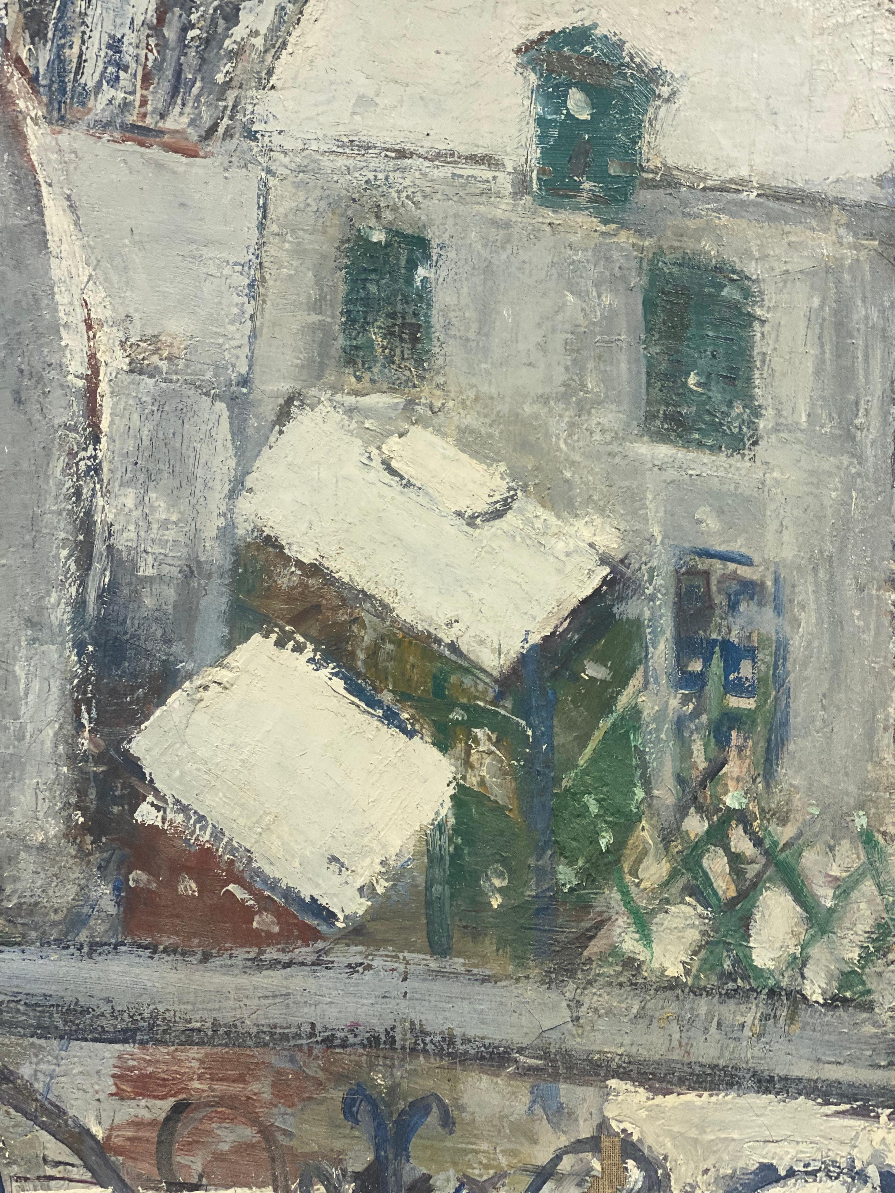 Huile post-impressionniste française des années 1960 - Vue d'hiver de Paris dans la rue de Neuilly - Post-impressionnisme Painting par Édouard Righetti (1924-2001)