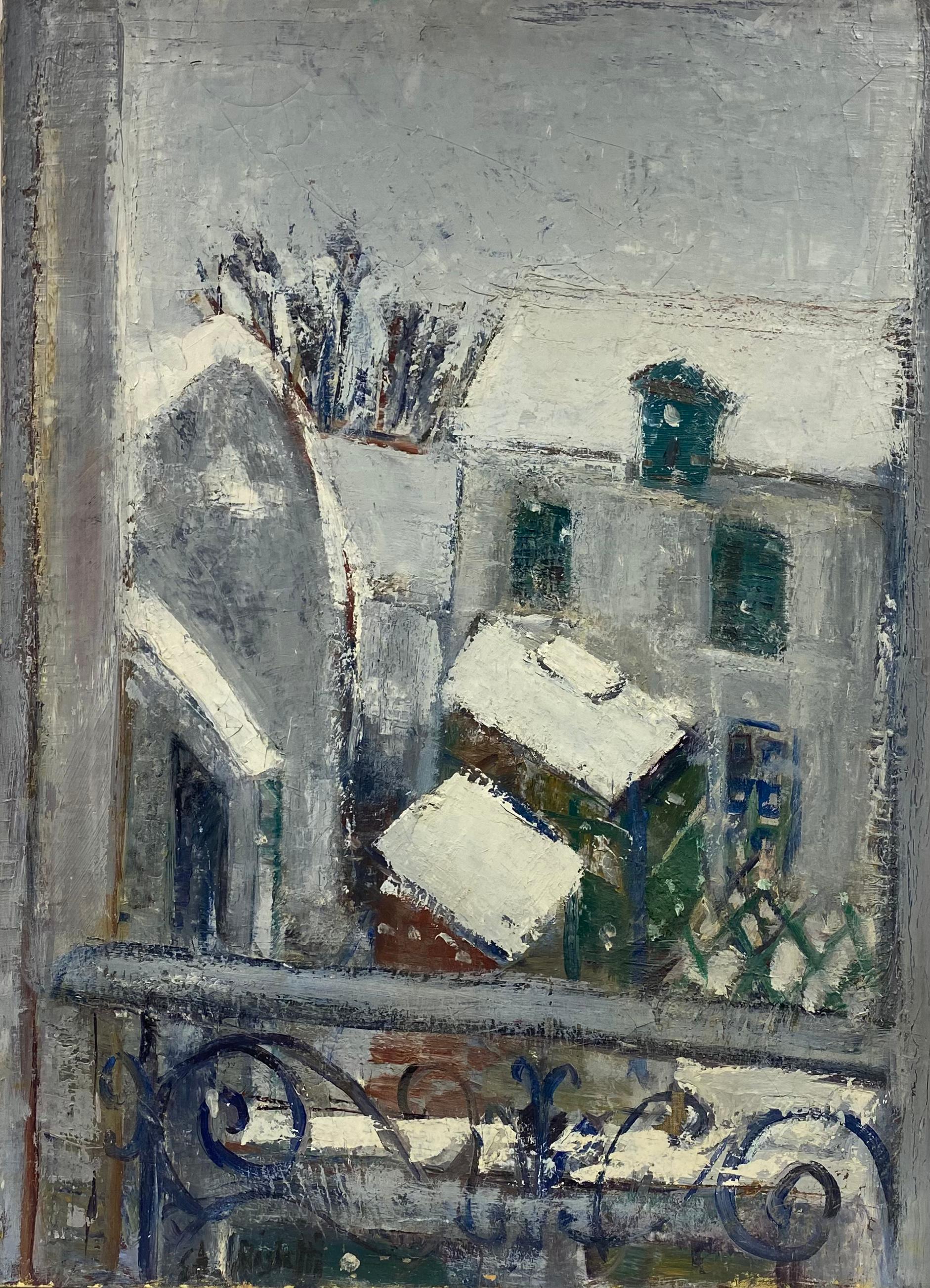Landscape Painting Édouard Righetti (1924-2001) - Huile post-impressionniste française des années 1960 - Vue d'hiver de Paris dans la rue de Neuilly
