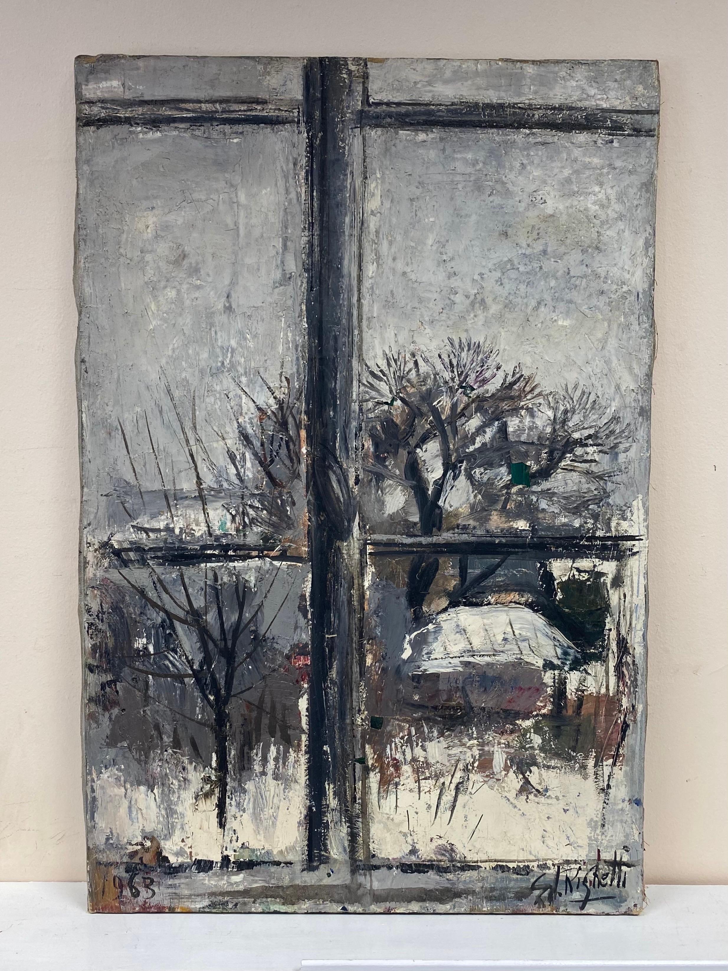 1960's French Post-Impressionist Oil - Winter Window View from Interior - Painting by Édouard Righetti (1924-2001)