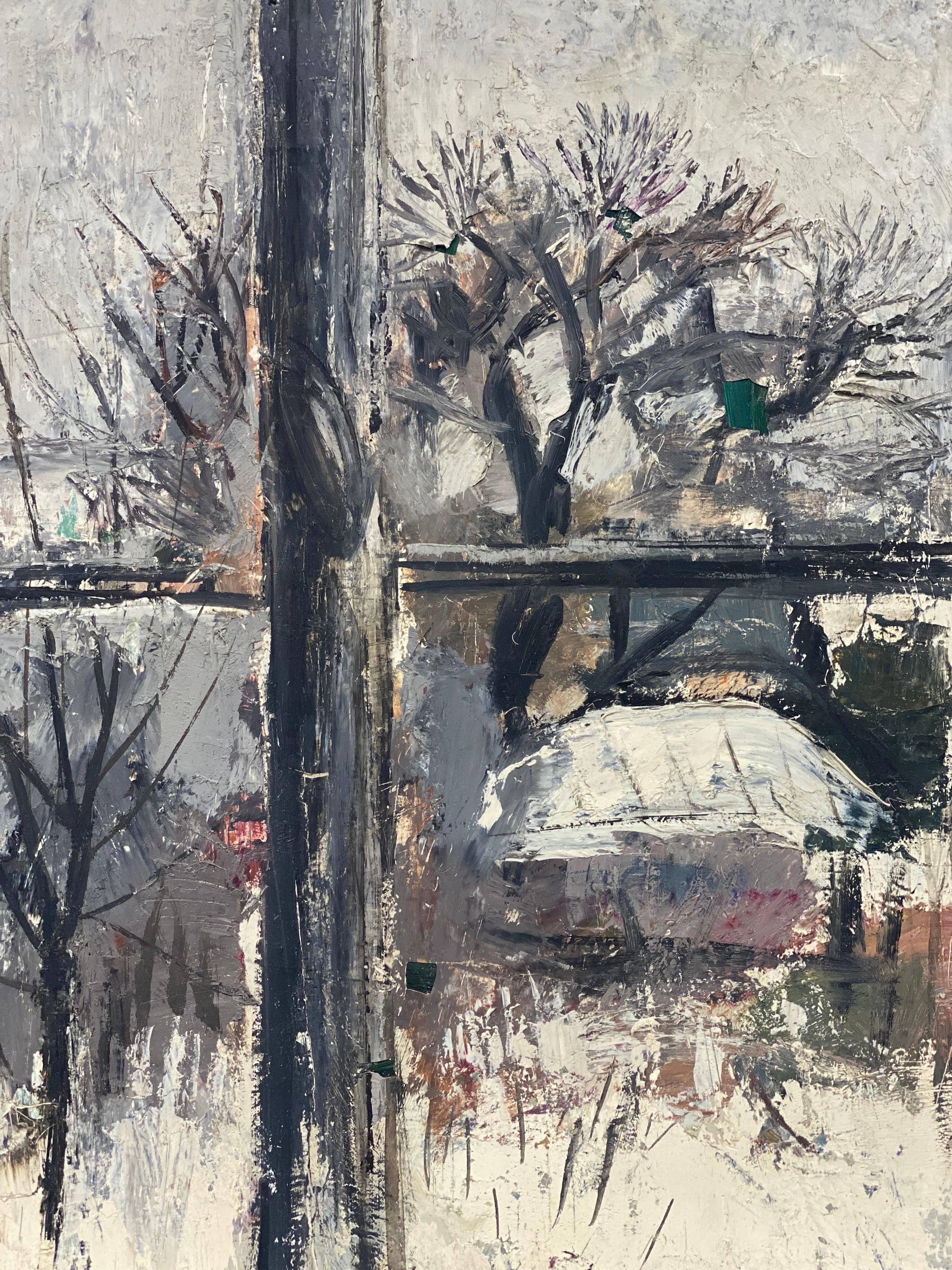 1960's French Post-Impressionist Oil - Winter Window View from Interior - Gray Landscape Painting by Édouard Righetti (1924-2001)