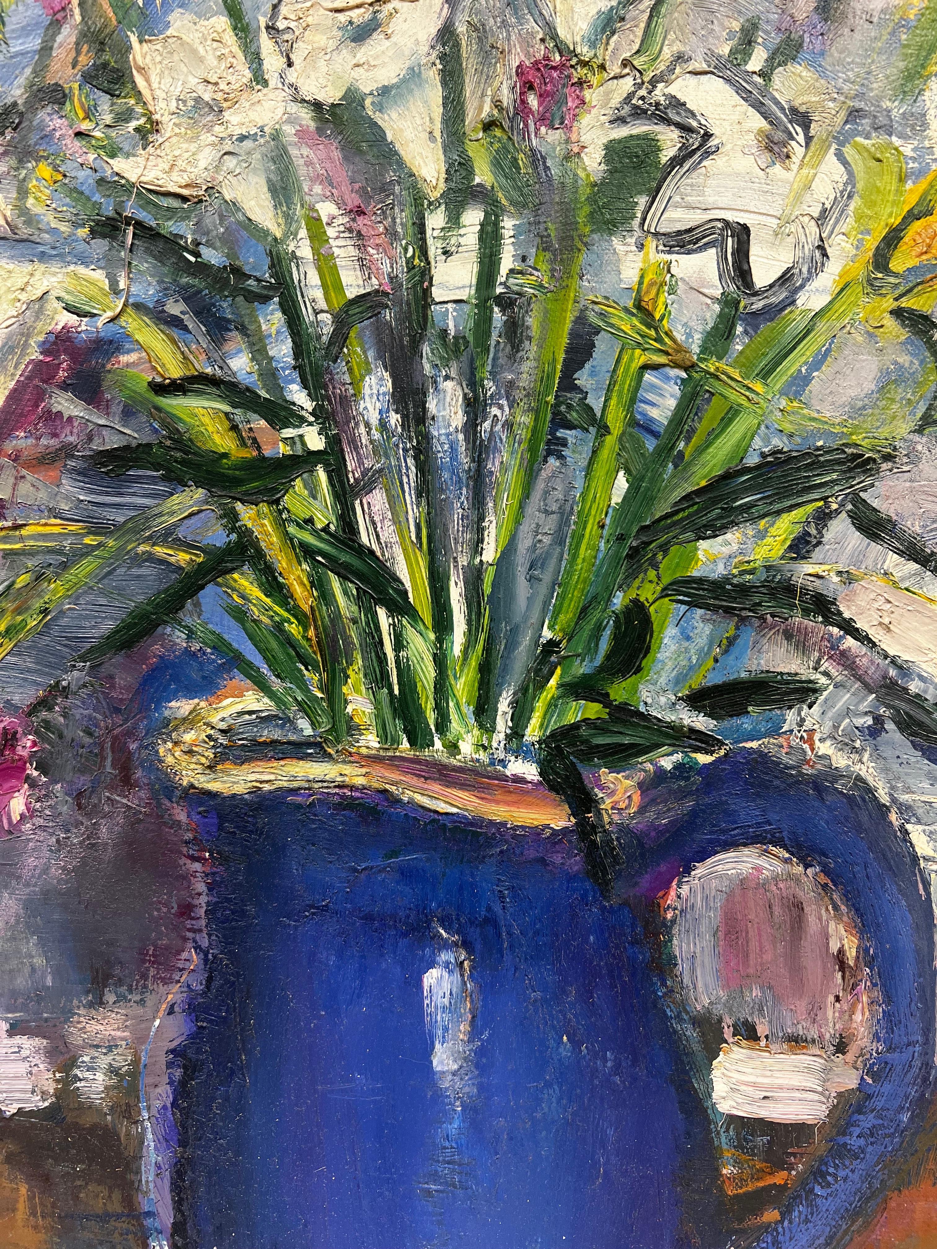 1970s French Interior Still Life - Flowers in deep Blue Vase - Superb Original  For Sale 1
