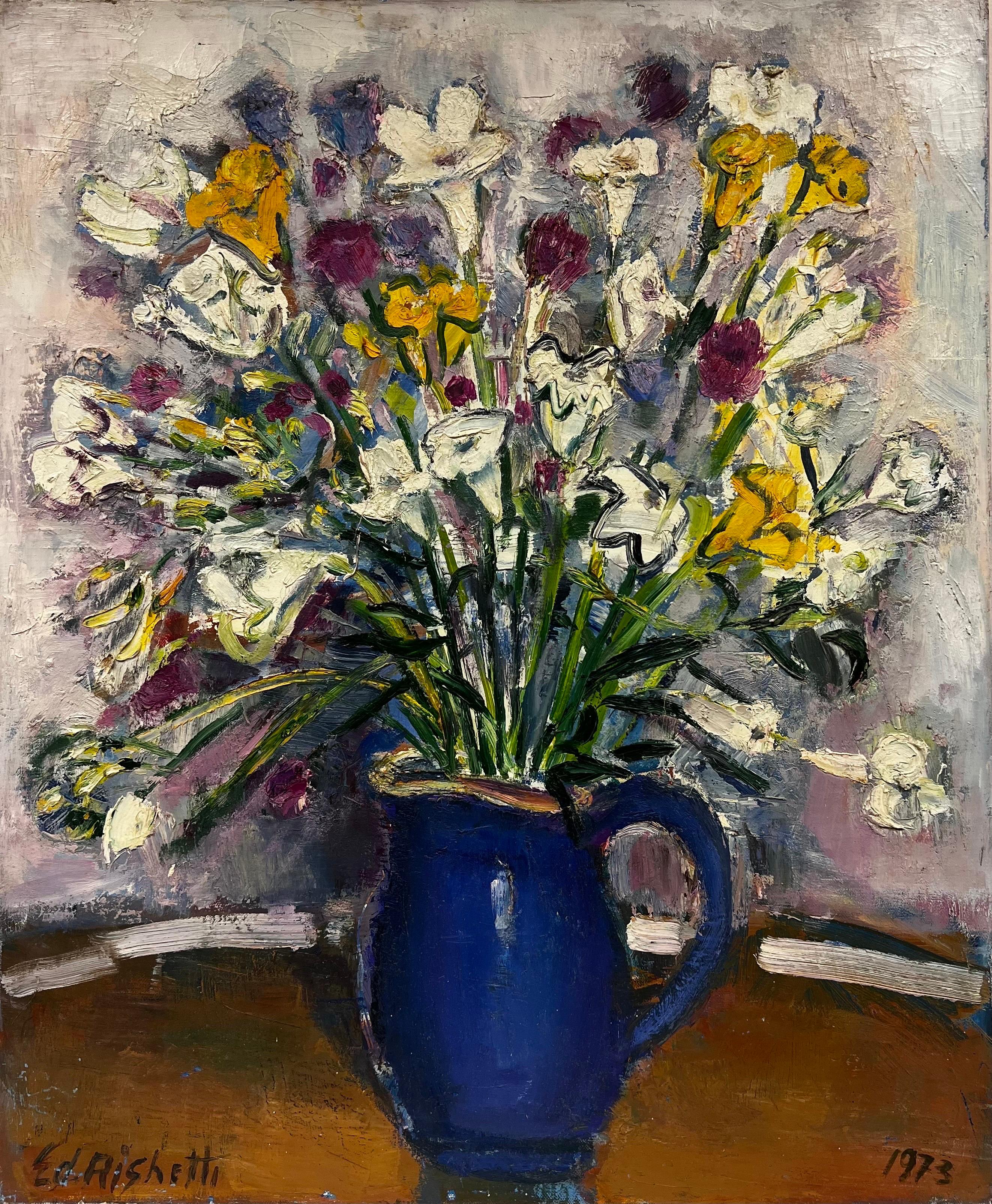 Édouard Righetti (1924-2001) Interior Painting - 1970s French Interior Still Life - Flowers in deep Blue Vase - Superb Original 