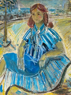 1970's French Post-Impressionist Oil - Young Lady in Blue Cote d' Azur Beach