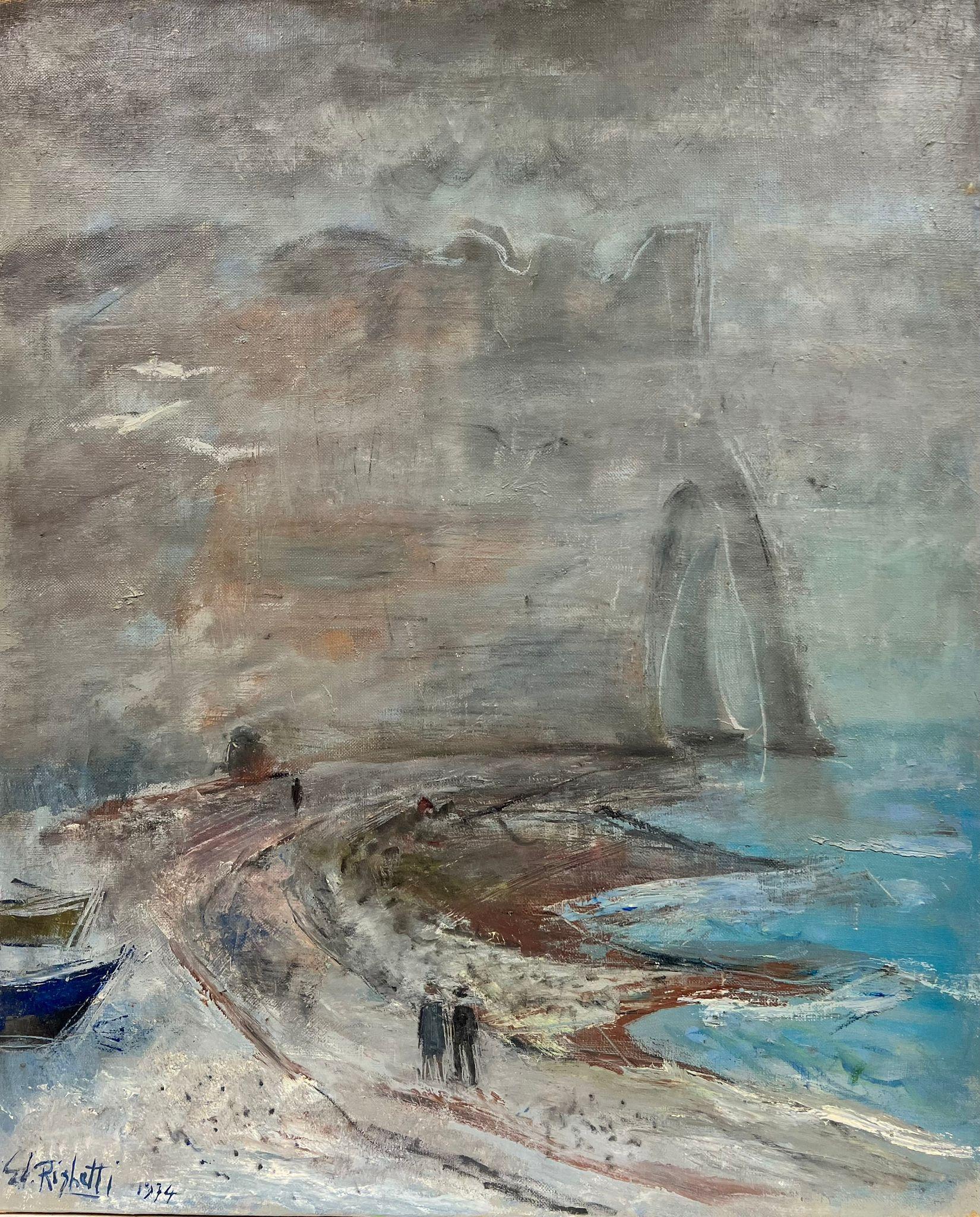 Huile post-impressionniste française des années 1970 signée Etretat Normandie Plage côtière 