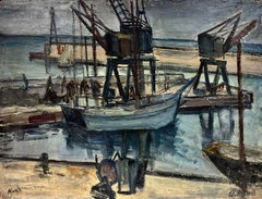 20th Century French Signed Oil - Boats At The Cold Harbour Being Prepared 