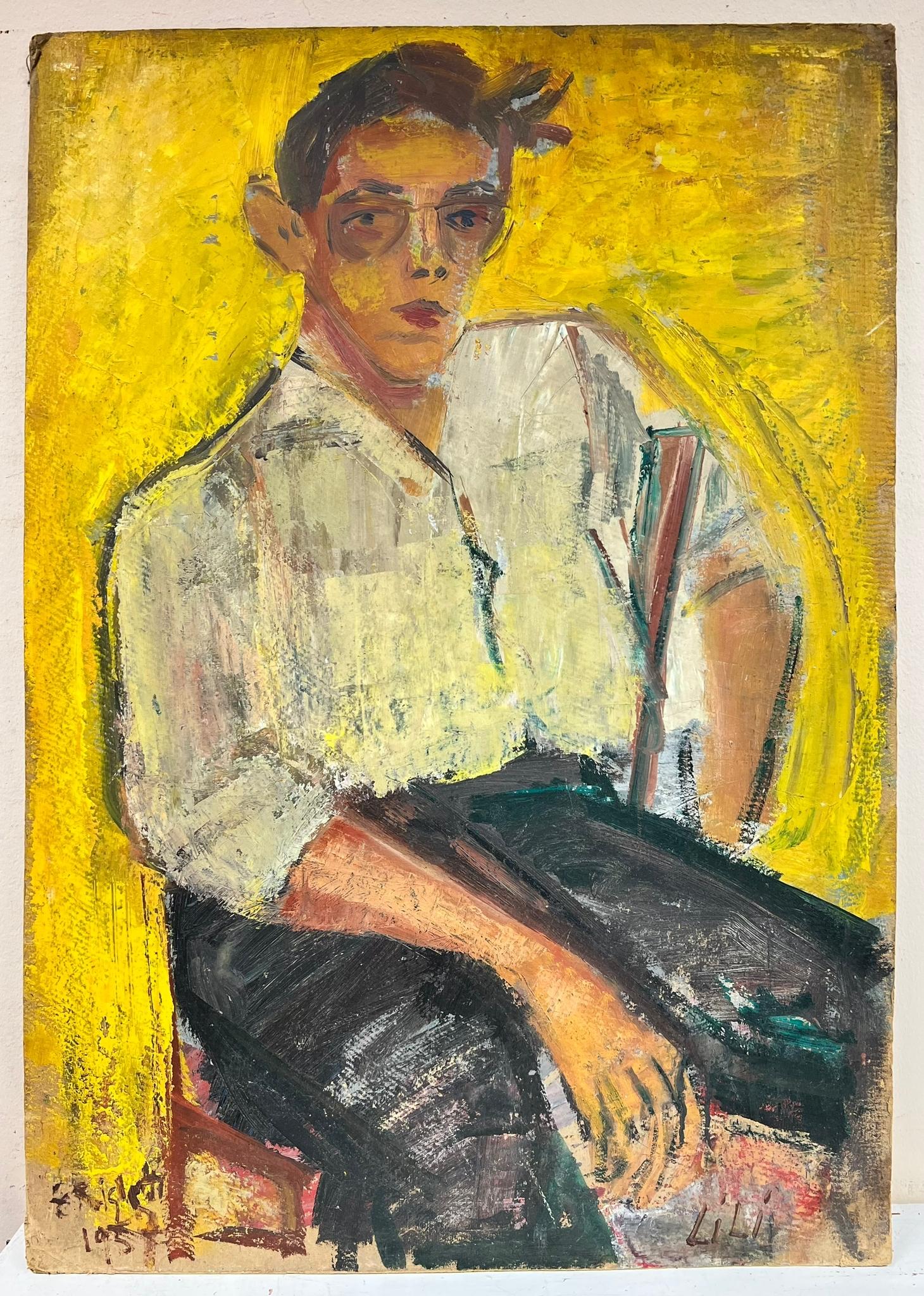 20th Century French Signed Oil Retro Yellow Portrait of A Male with Glasses - Painting by Édouard Righetti (1924-2001)