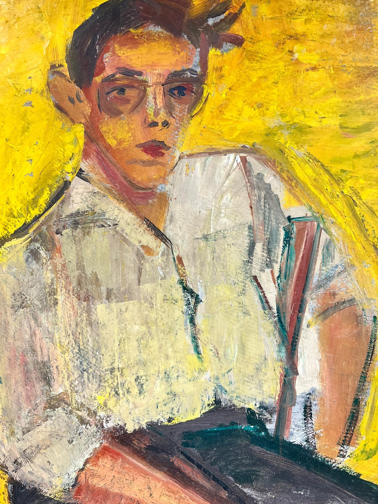 20th Century French Signed Oil Retro Yellow Portrait of A Male with Glasses - Post-Impressionist Painting by Édouard Righetti (1924-2001)