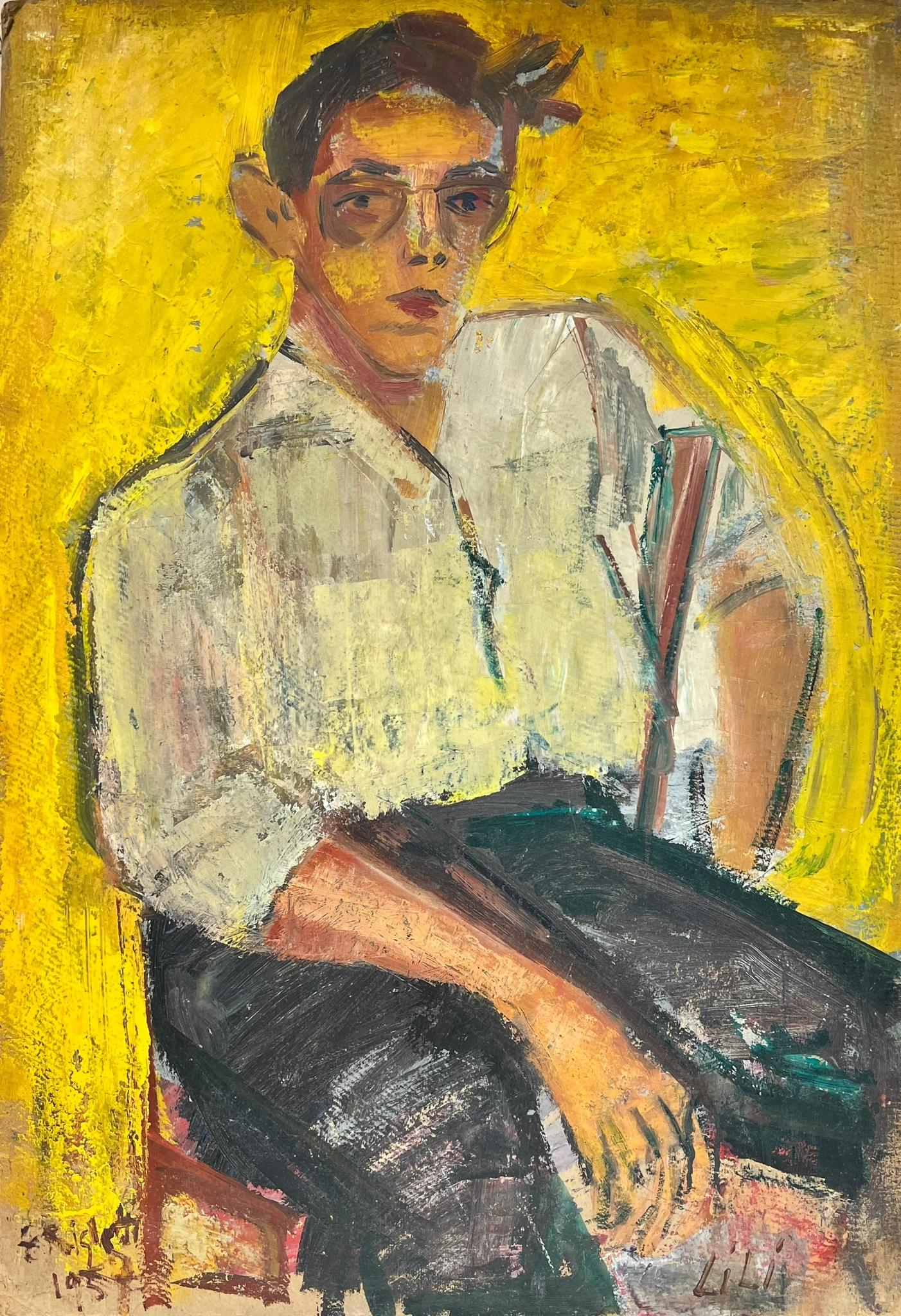 Édouard Righetti (1924-2001) Portrait Painting - 20th Century French Signed Oil Retro Yellow Portrait of A Male with Glasses