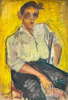 20th Century French Signed Oil Retro Yellow Portrait of A Male with Glasses