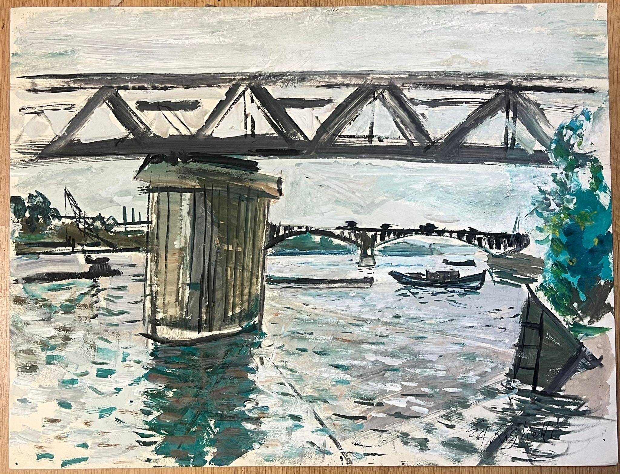 Architectural Bridge Scene with Reflections on Water Featuring Boats - Painting by Édouard Righetti (1924-2001)