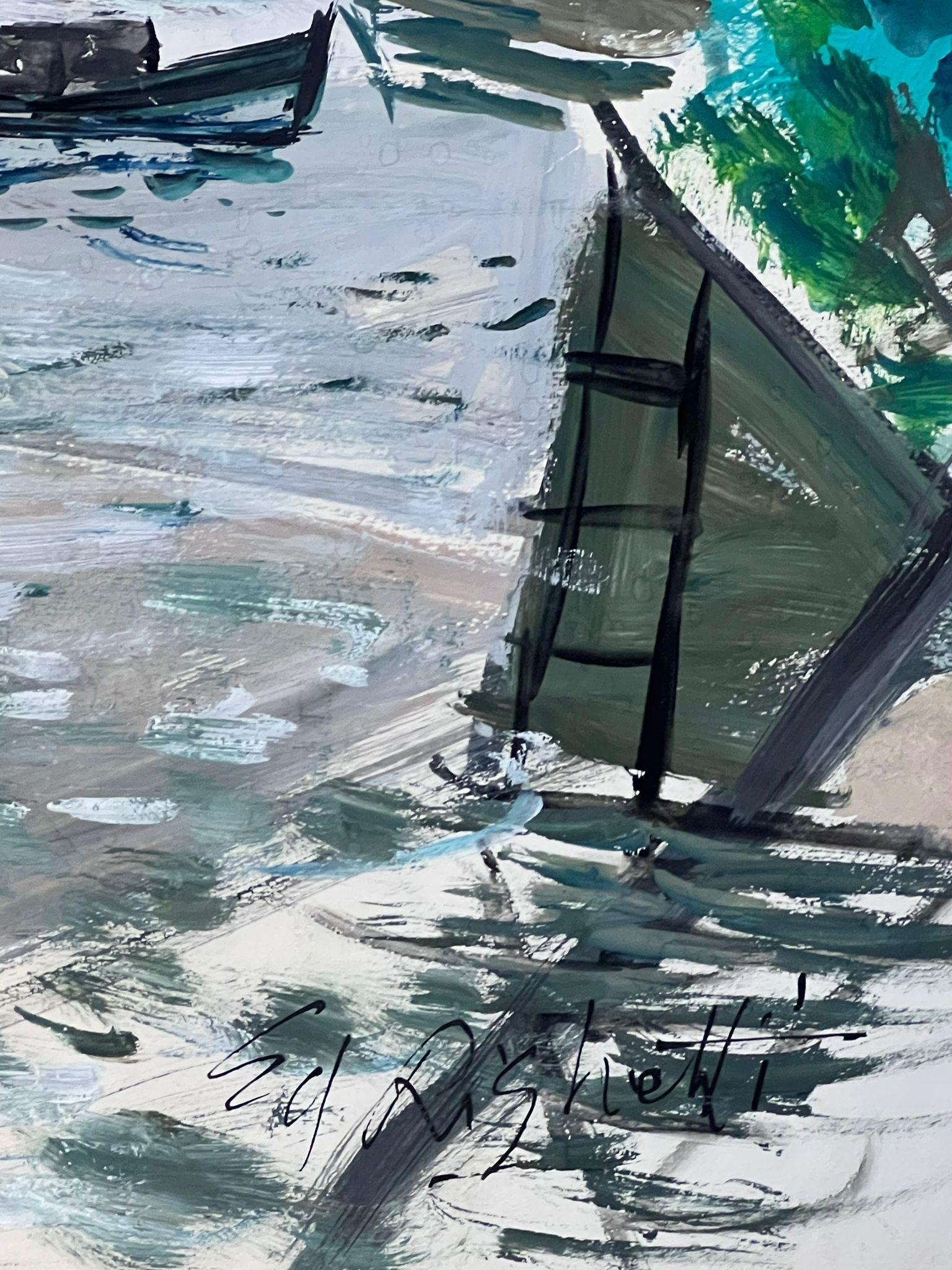 Architectural Bridge Scene with Reflections on Water Featuring Boats - Post-Impressionist Painting by Édouard Righetti (1924-2001)