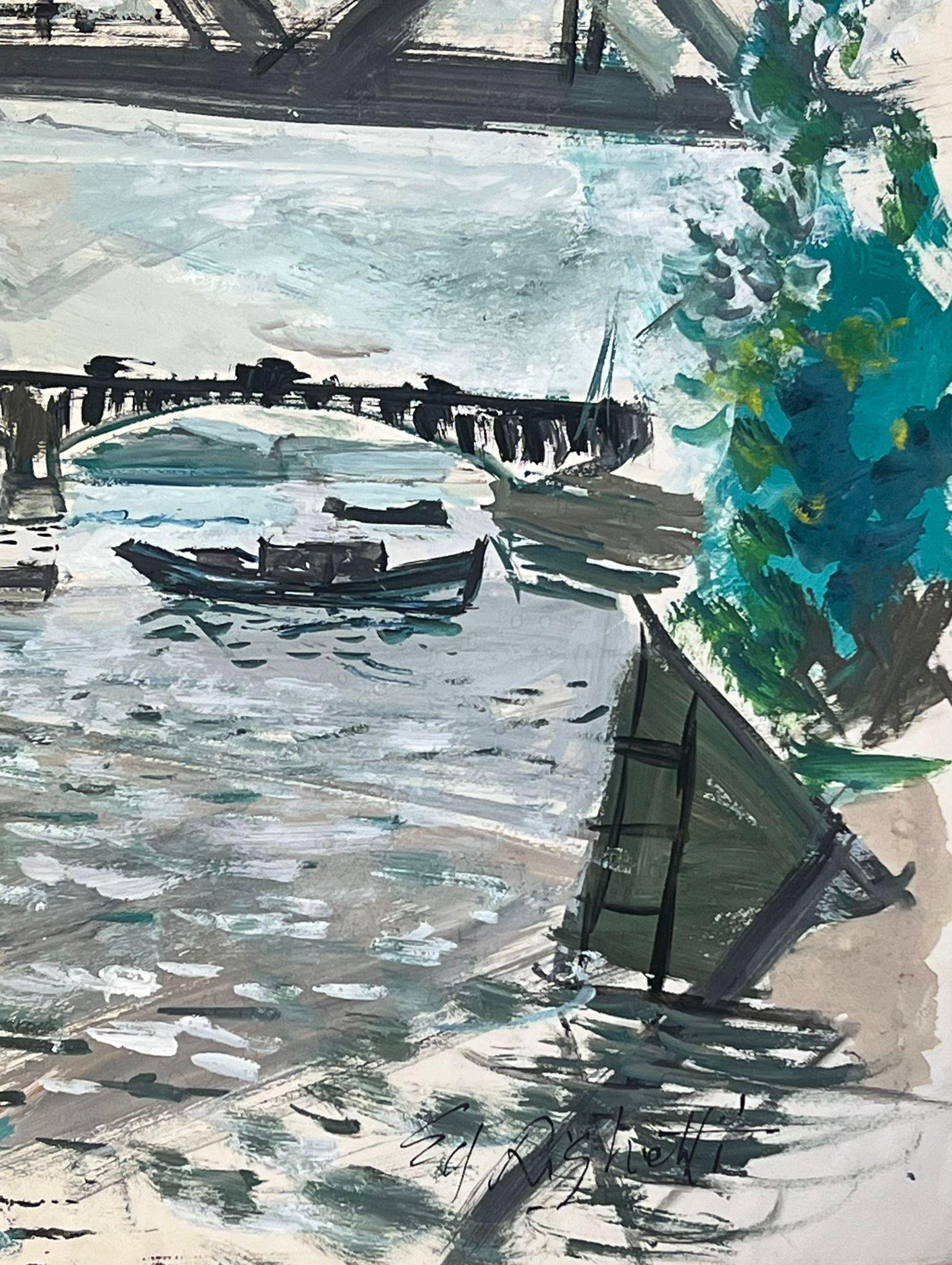 Architectural Bridge Scene with Reflections on Water Featuring Boats - Gray Landscape Painting by Édouard Righetti (1924-2001)