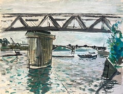 Architectural Bridge Scene with Reflections on Water Featuring Boats